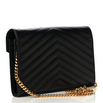 Saint Laurent Grain De Poudre Matelasse Chevron Monogram Chain Wallet Black 3 of 13