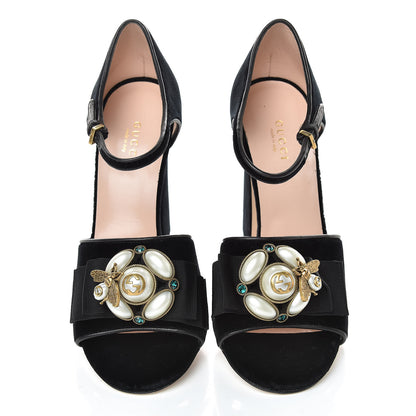Gucci Velvet Pearl Bee Embellished Sandals 38 Black 5 of 15