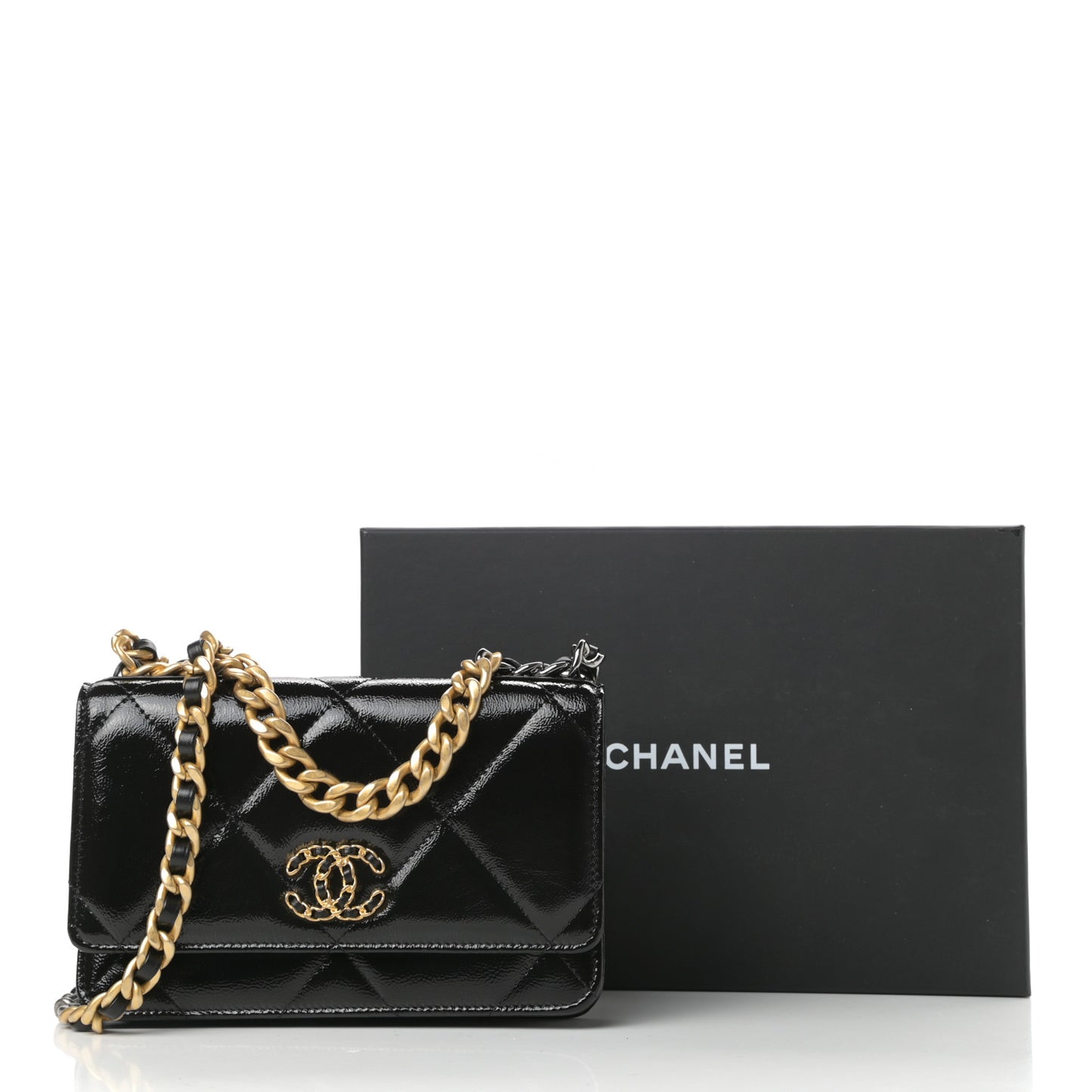 Shiny Crumpled Calfskin Quilted Chanel 19 Wallet On Chain WOC Black