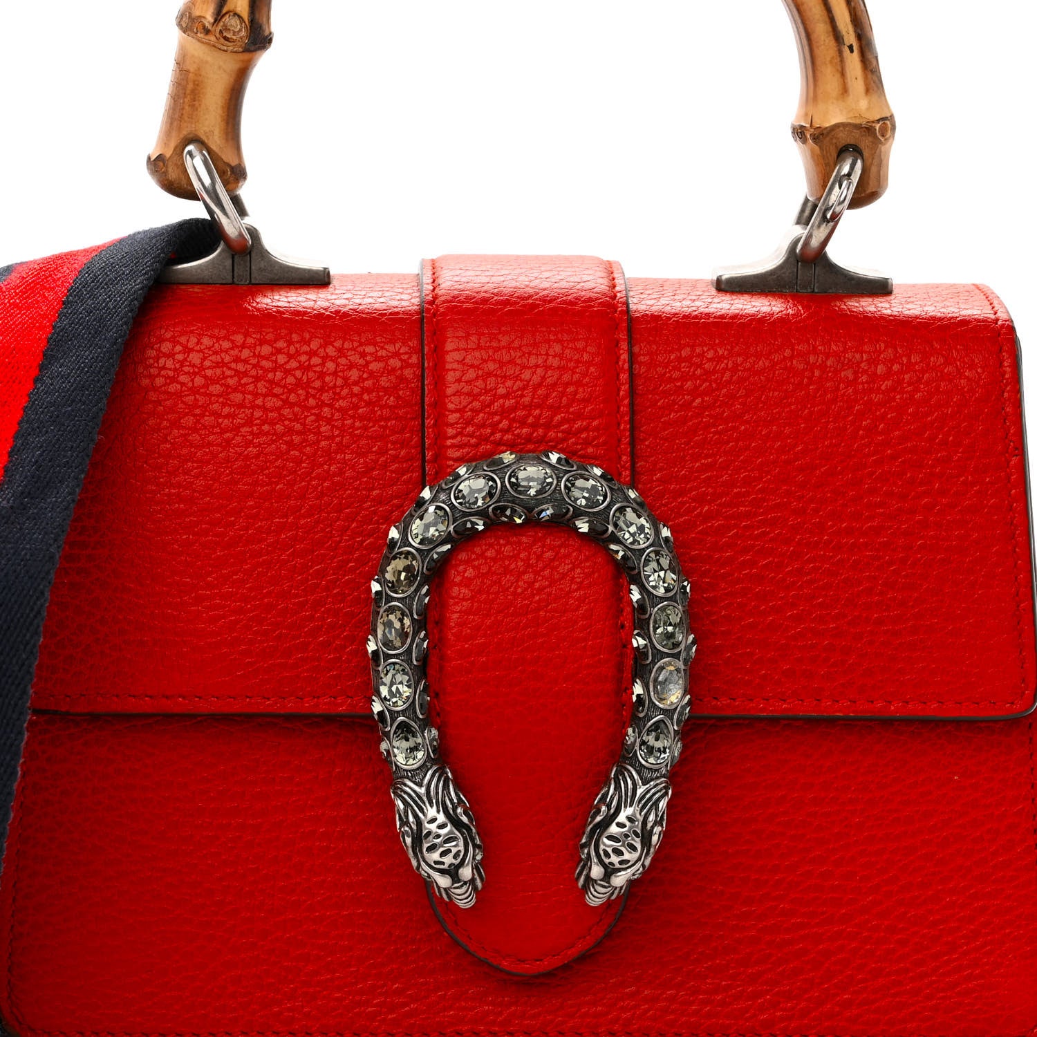 Gucci Dollar Calfskin Crystal Web Mini Dionysus Bamboo Top Handle Bag Hibiscus Red 8 of 15