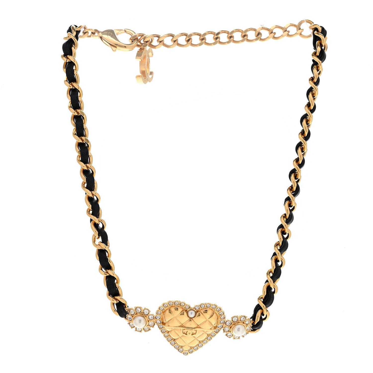 Chanel Metal Lambskin Glass Pearl Strass Heart Choker Gold Black 3 of 7