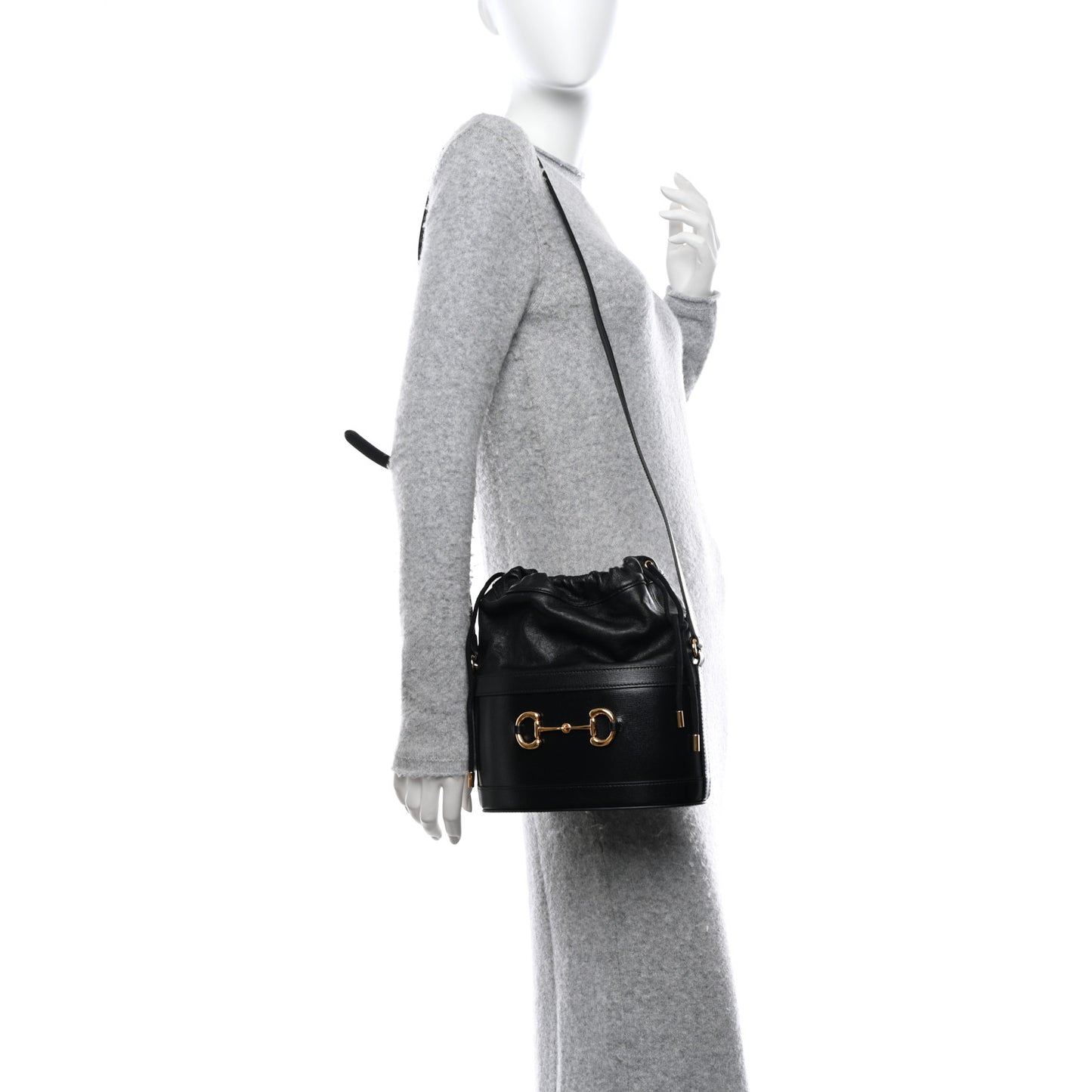 Azalea Sakai Calfskin Horsebit 1955 Drawstring Bucket Bag Black