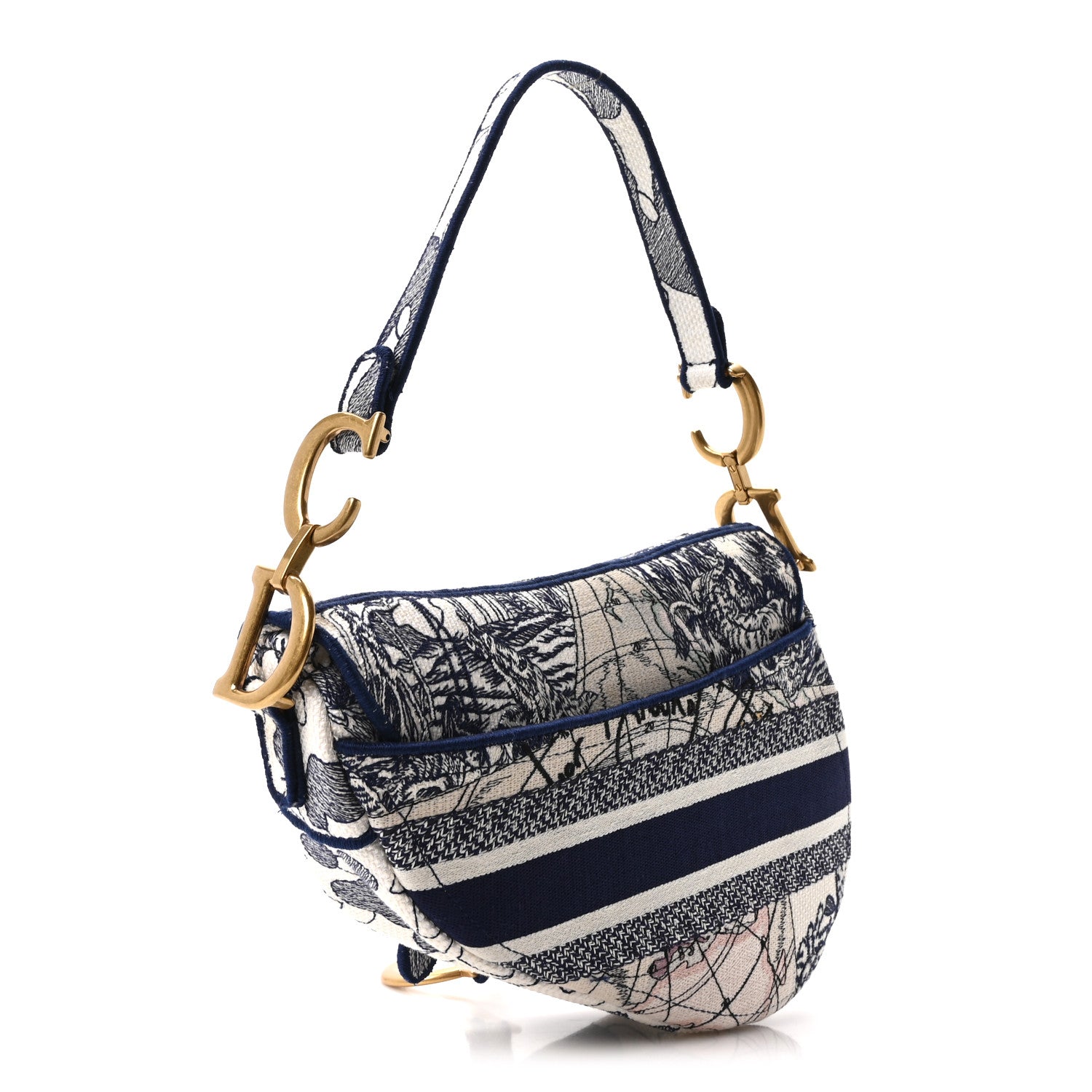 Christian Dior Canvas Embroidered Around the World Saddle Bag Blue 3 of 11