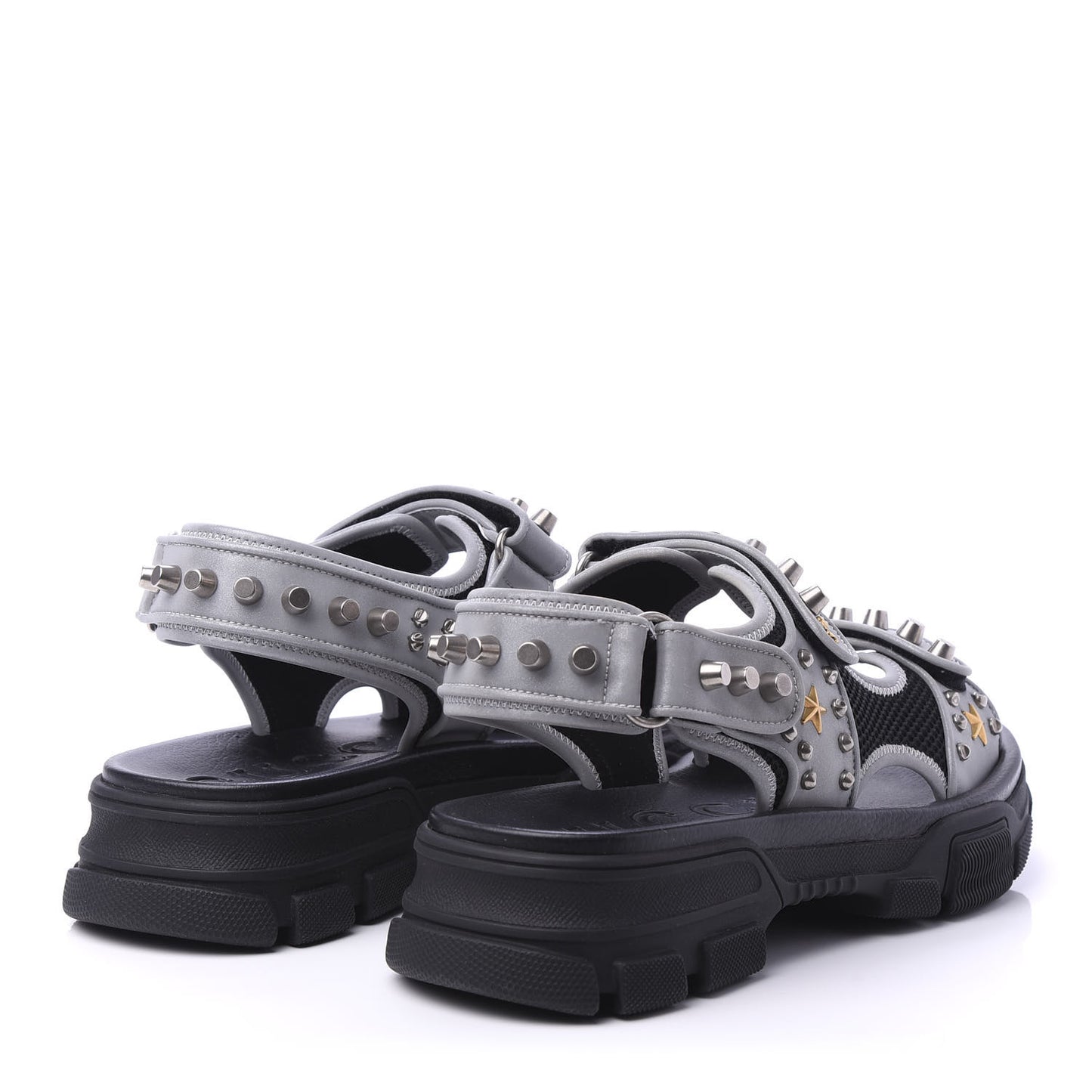 Technical Canvas Calfskin Reflective Studded Mens Aguru Sandals 10 Silver Black