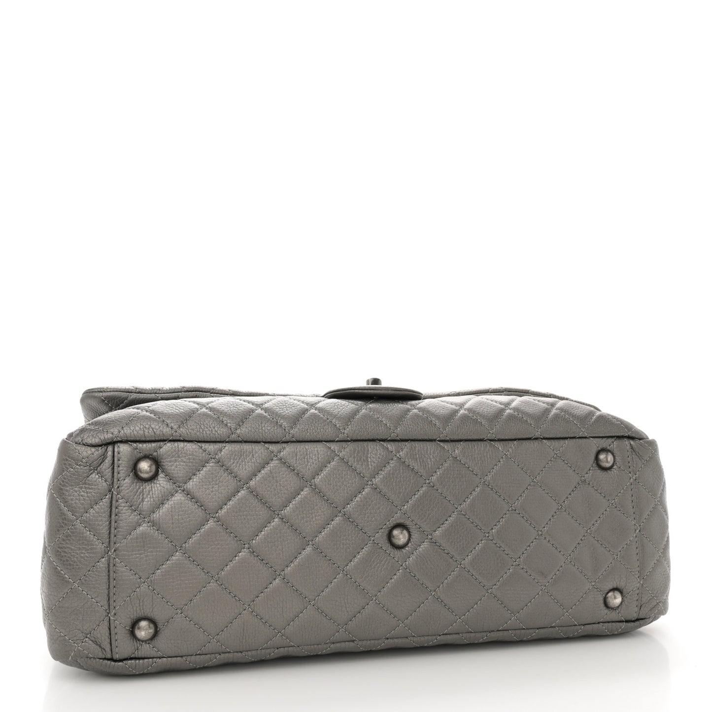 Metallic Metallized Calfskin Quilted XXL Travel Flap Bag Dark Silver