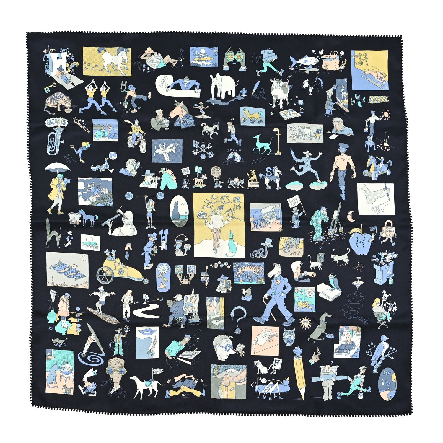 Hermes Silk Carres Libre Scarf 70 Black Bleu Jaune 1 of 3