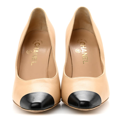 Chanel Lambskin Cap Toe Metal Heel Pumps 37.5 Beige Black 3 of 12