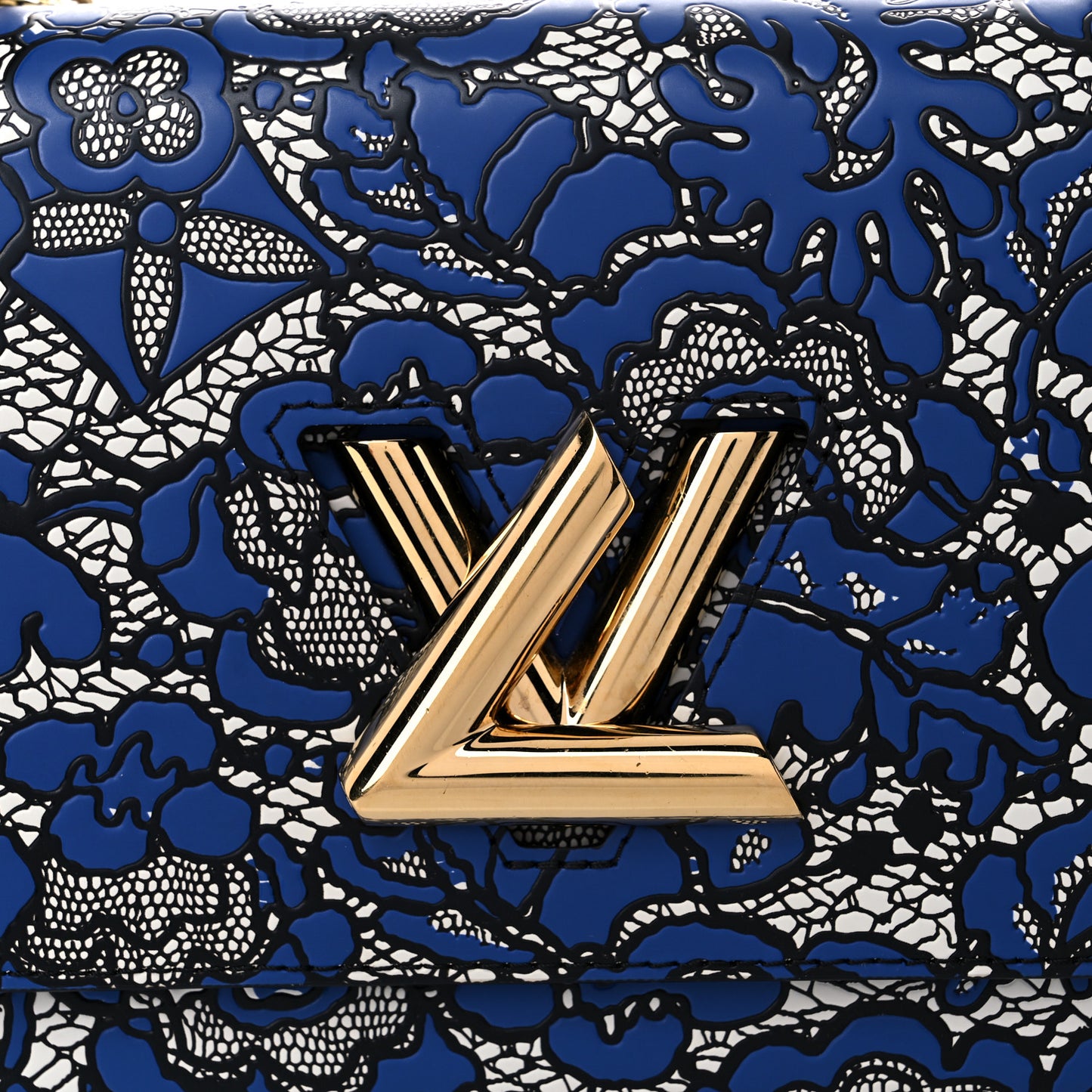 Calfskin Lace Flower Inlay Twist Shoulder Bag MM Navy Black