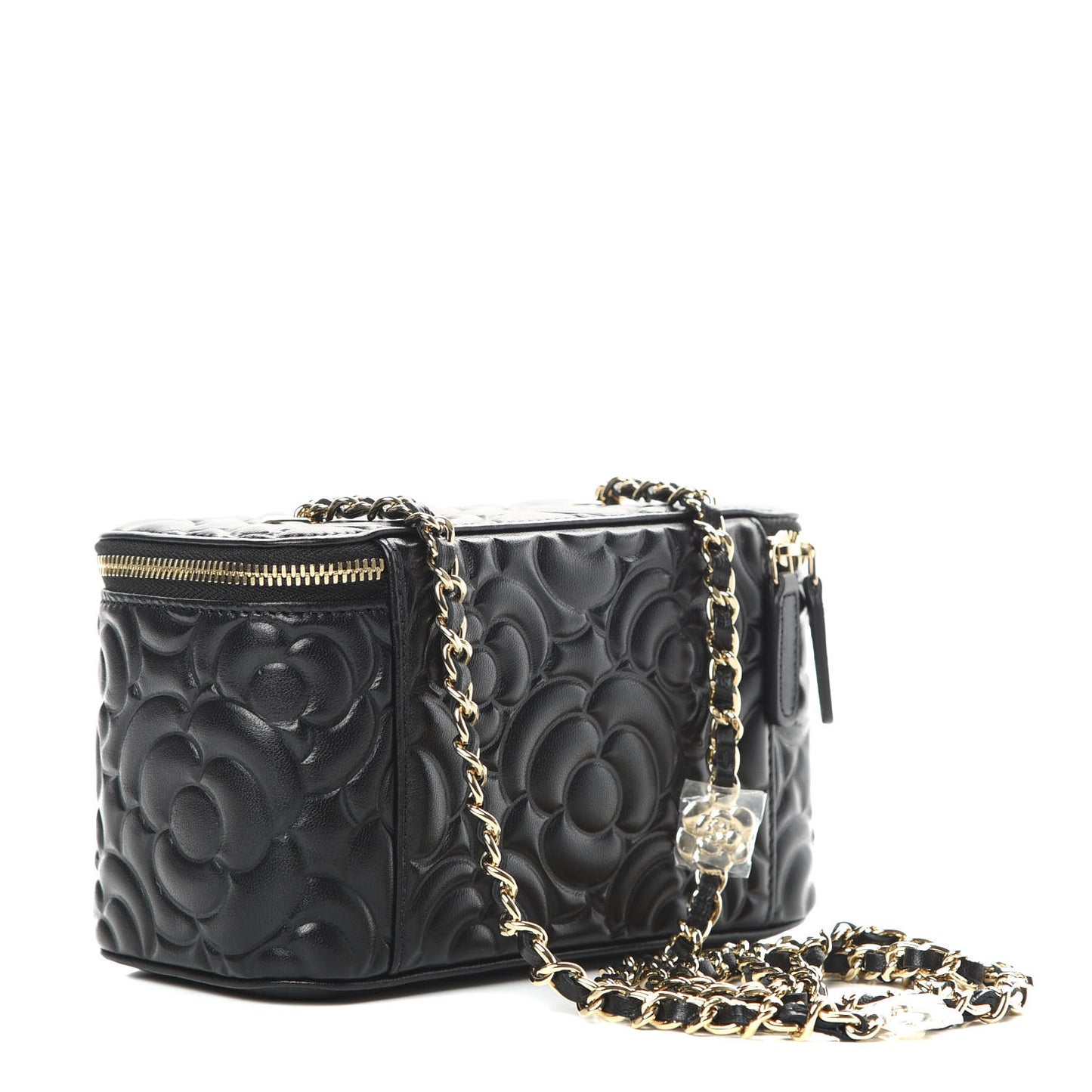 Lambskin Camellia Embossed Small Vanity Case With Chain Black
