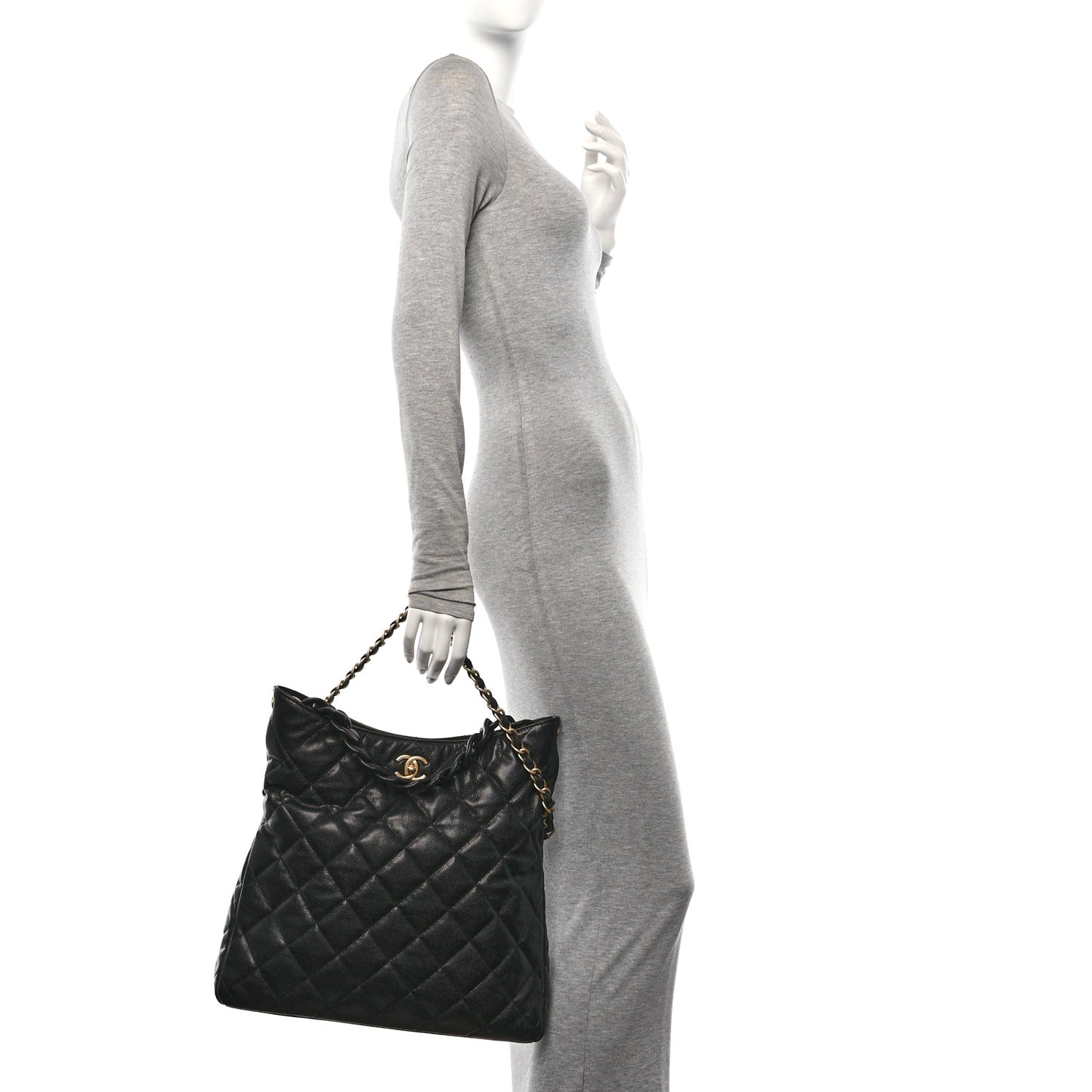 Caviar Quilted Fold Over Hobo Black