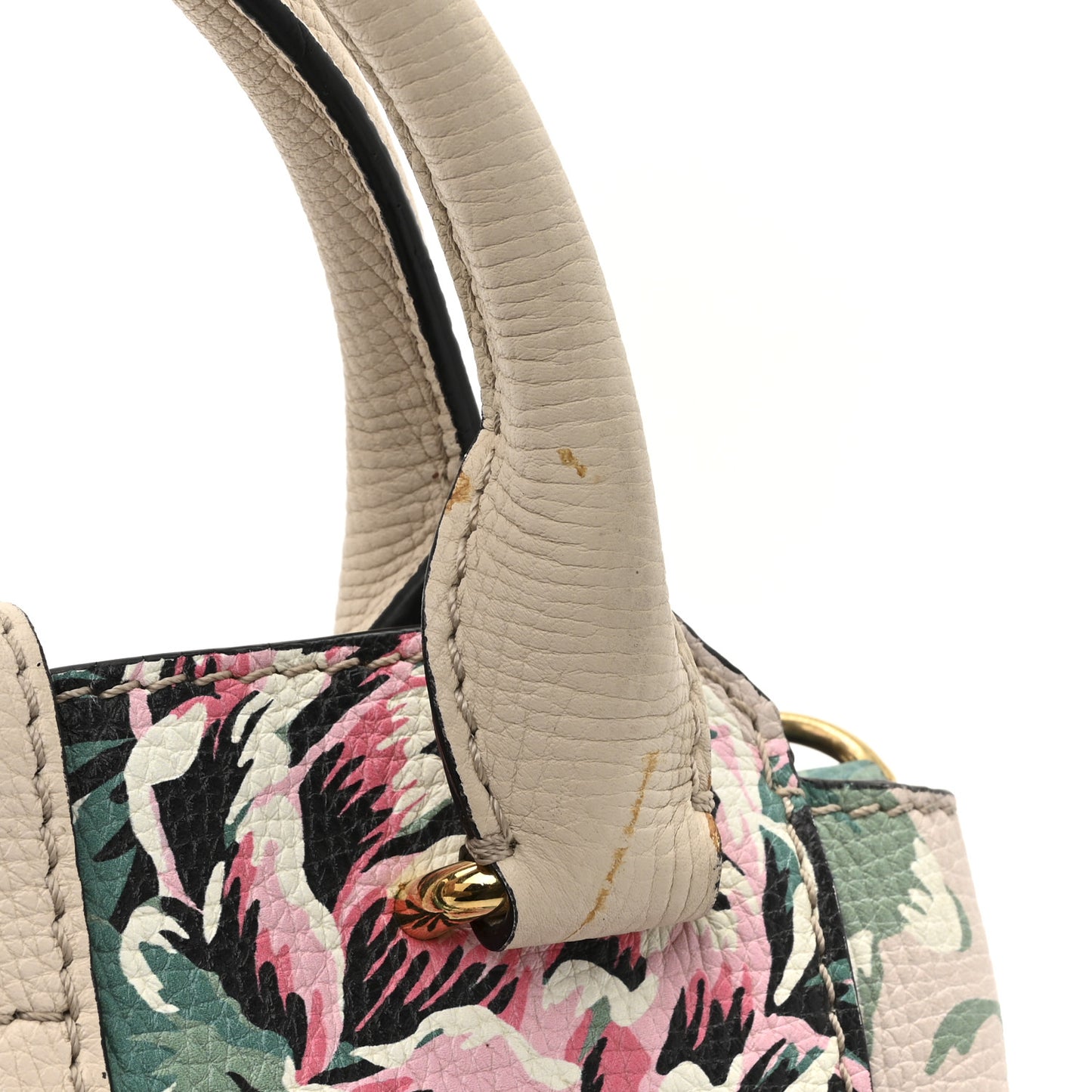 Soft Grain Calfskin Floral Print Medium Buckle Tote Natural Emerald Green