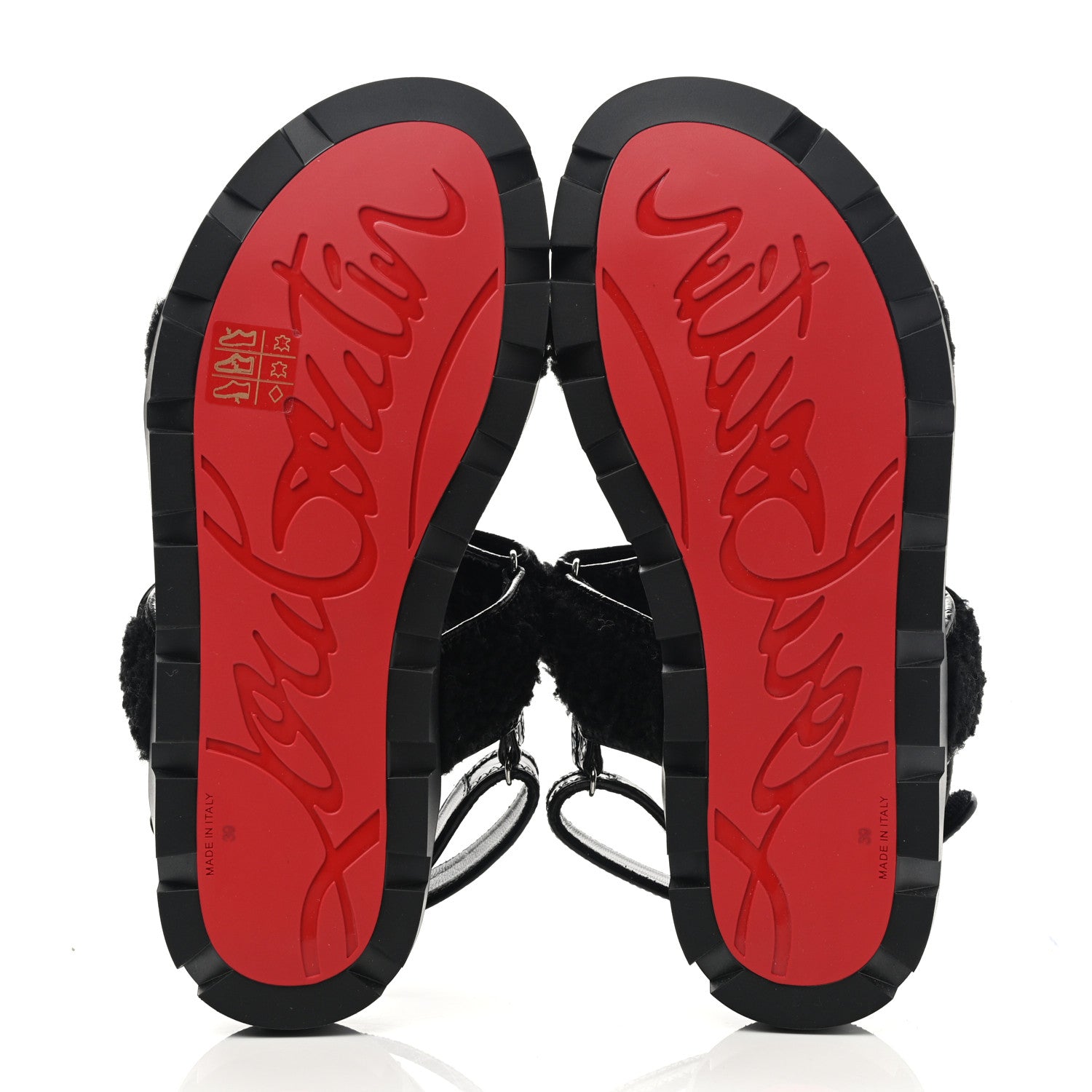 Christian Louboutin Calfskin Crocodile Embossed Lock Wool Flat Sandals 39 Black 5 of 8