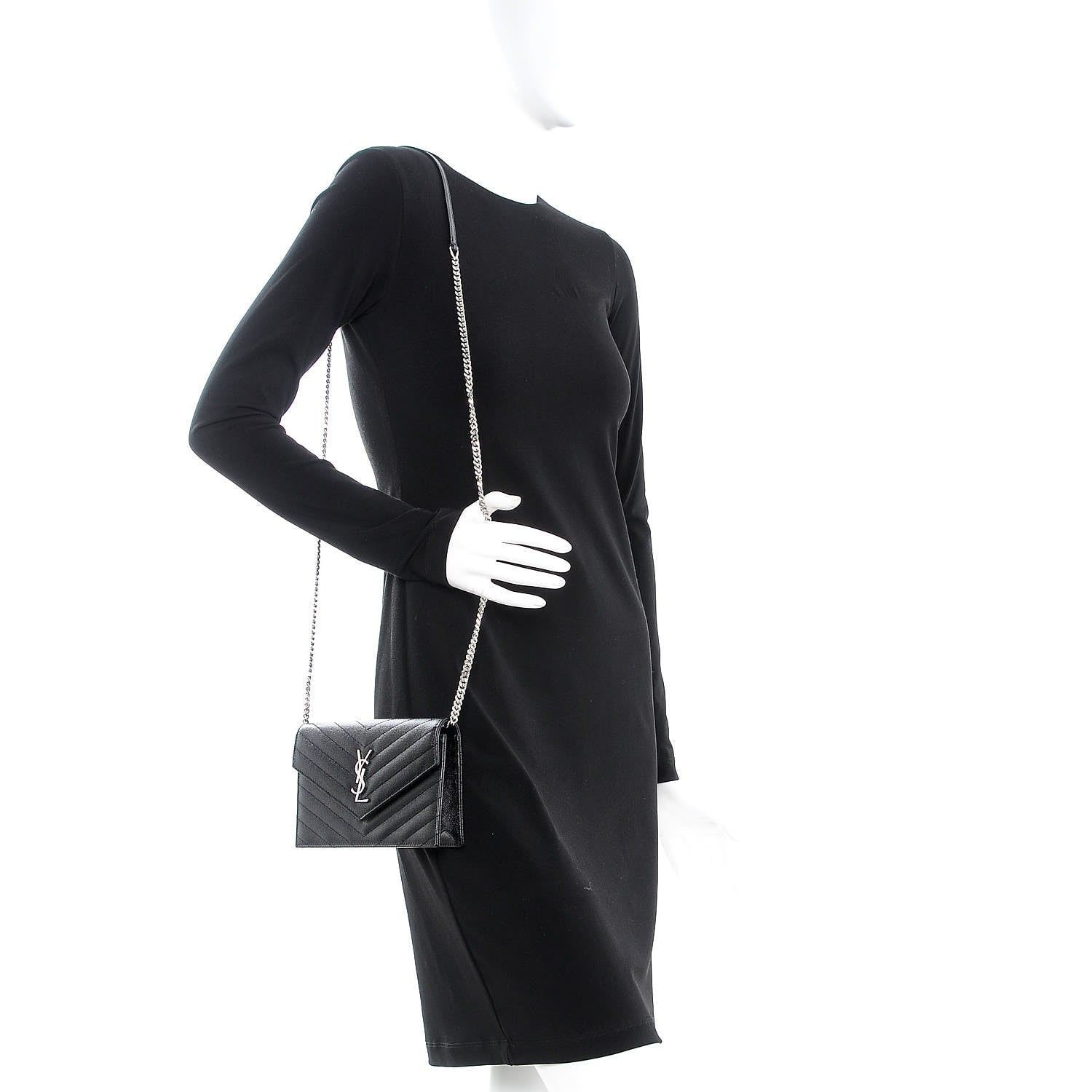 Saint Laurent Grain De Poudre Matelasse Chevron Monogram Envelope Chain Wallet Black 2 of 7
