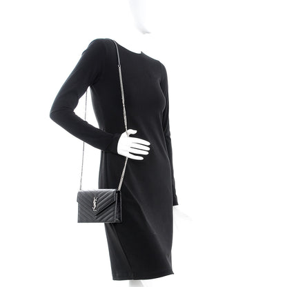 Saint Laurent Grain De Poudre Matelasse Chevron Monogram Envelope Chain Wallet Black 2 of 7