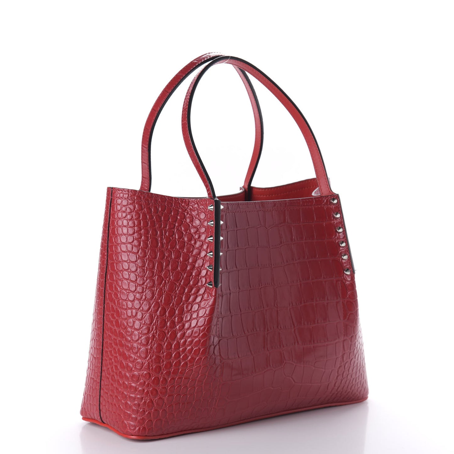 Crocodile Embossed Calfskin Spiked Small Cabarock Shopper Tote Red
