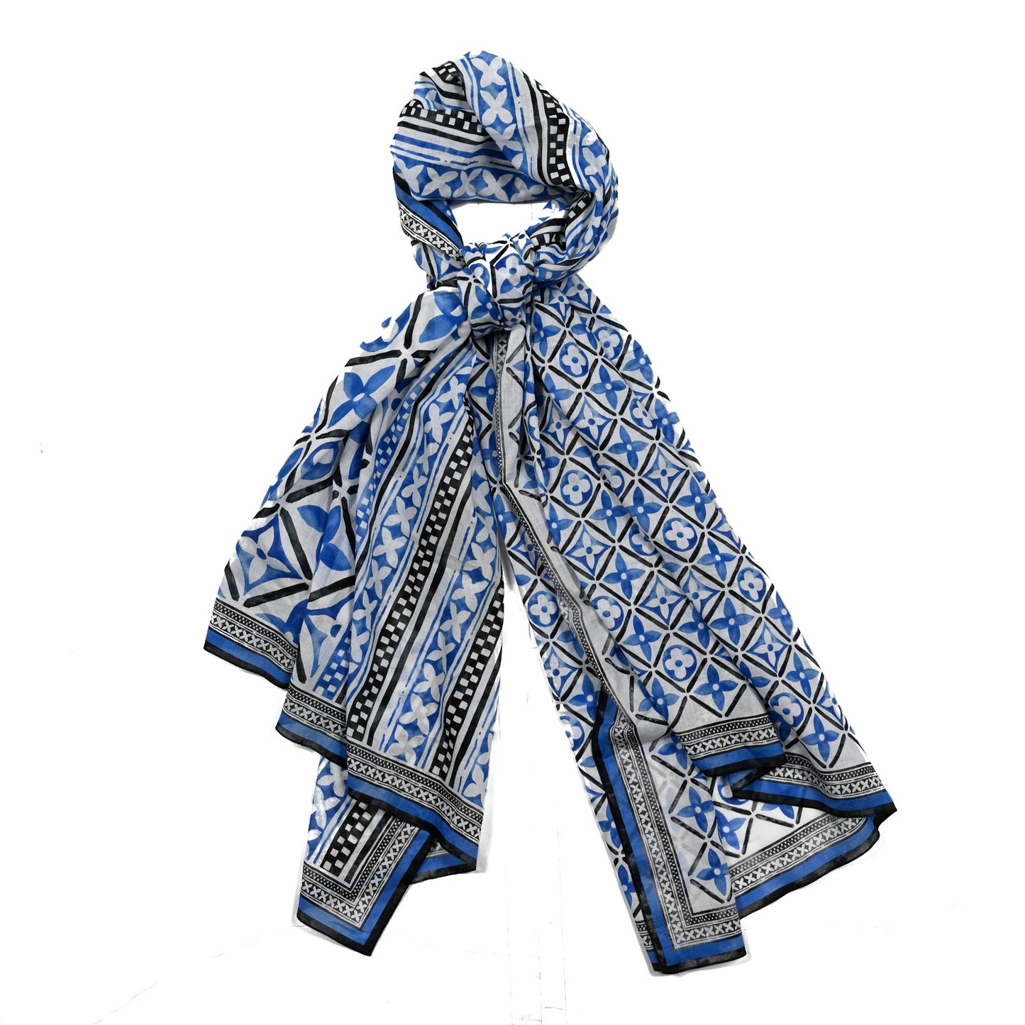 Cotton Monogram Tile Scarf Bleu