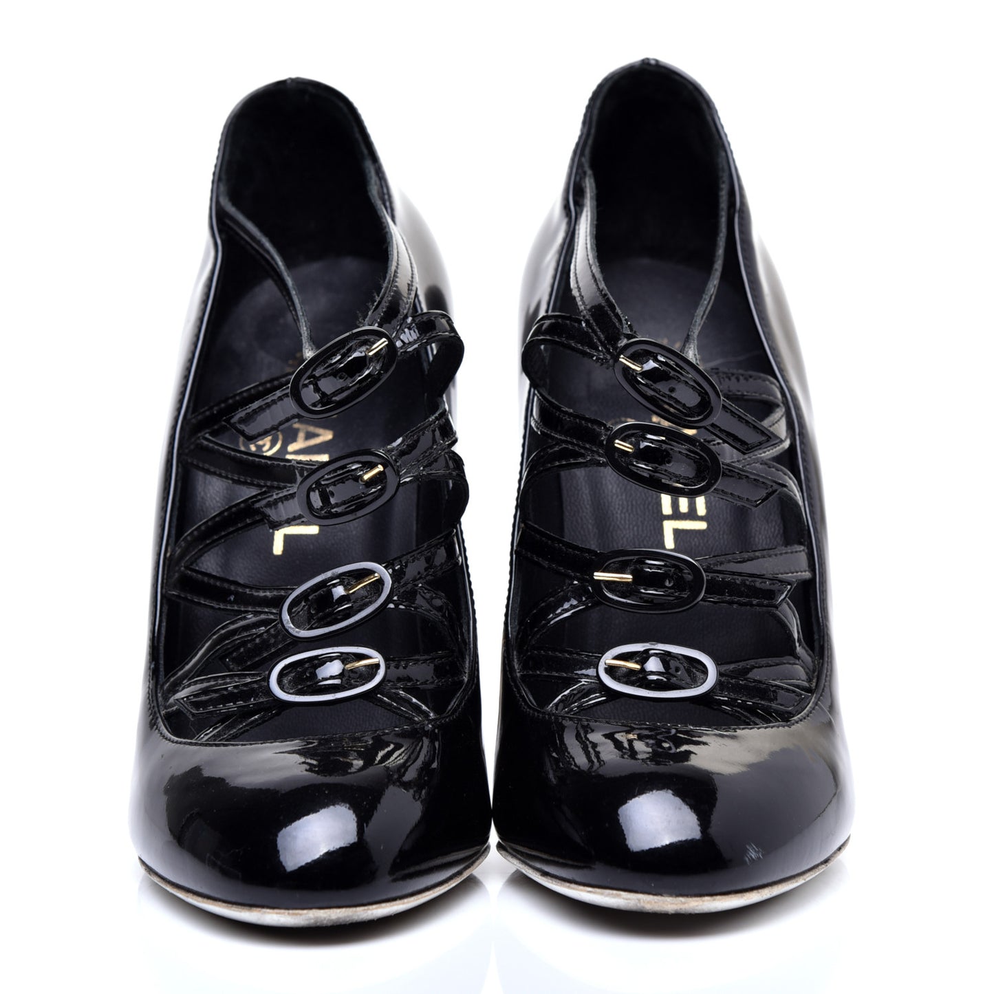 Patent Calfskin Quilted CC Strap Pumps 36 Black Gold