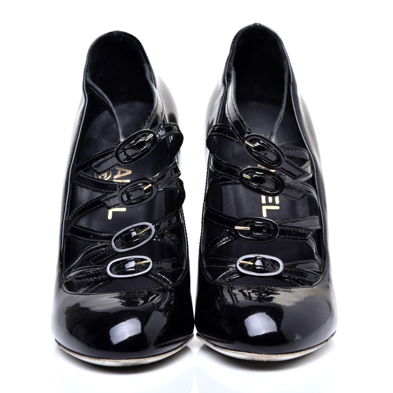 Chanel Patent Calfskin Quilted CC Strap Pumps 36 Black Gold 2 of 8