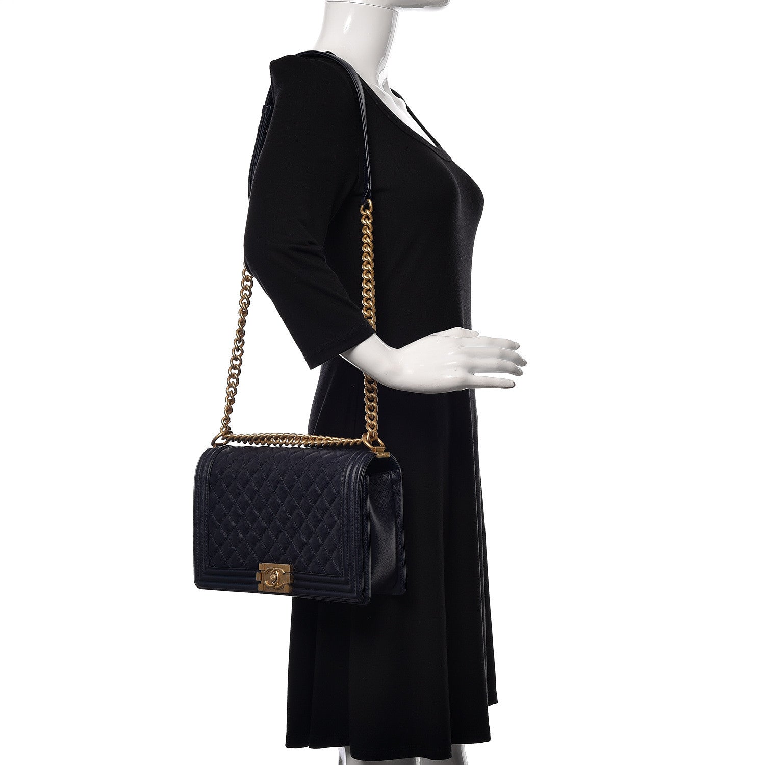 Chanel Caviar Quilted New Medium Boy Flap Dark Navy Blue 2 of 12