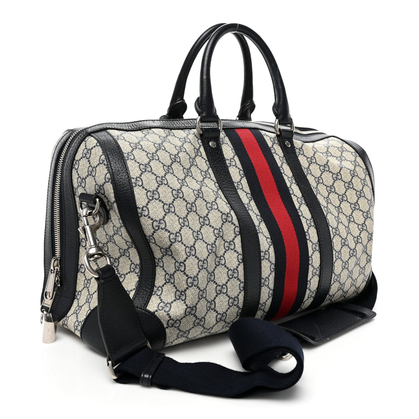 GG Supreme Monogram Textured Dollar Calfskin Web Medium Ophidia Duffle Bag Beige Blue