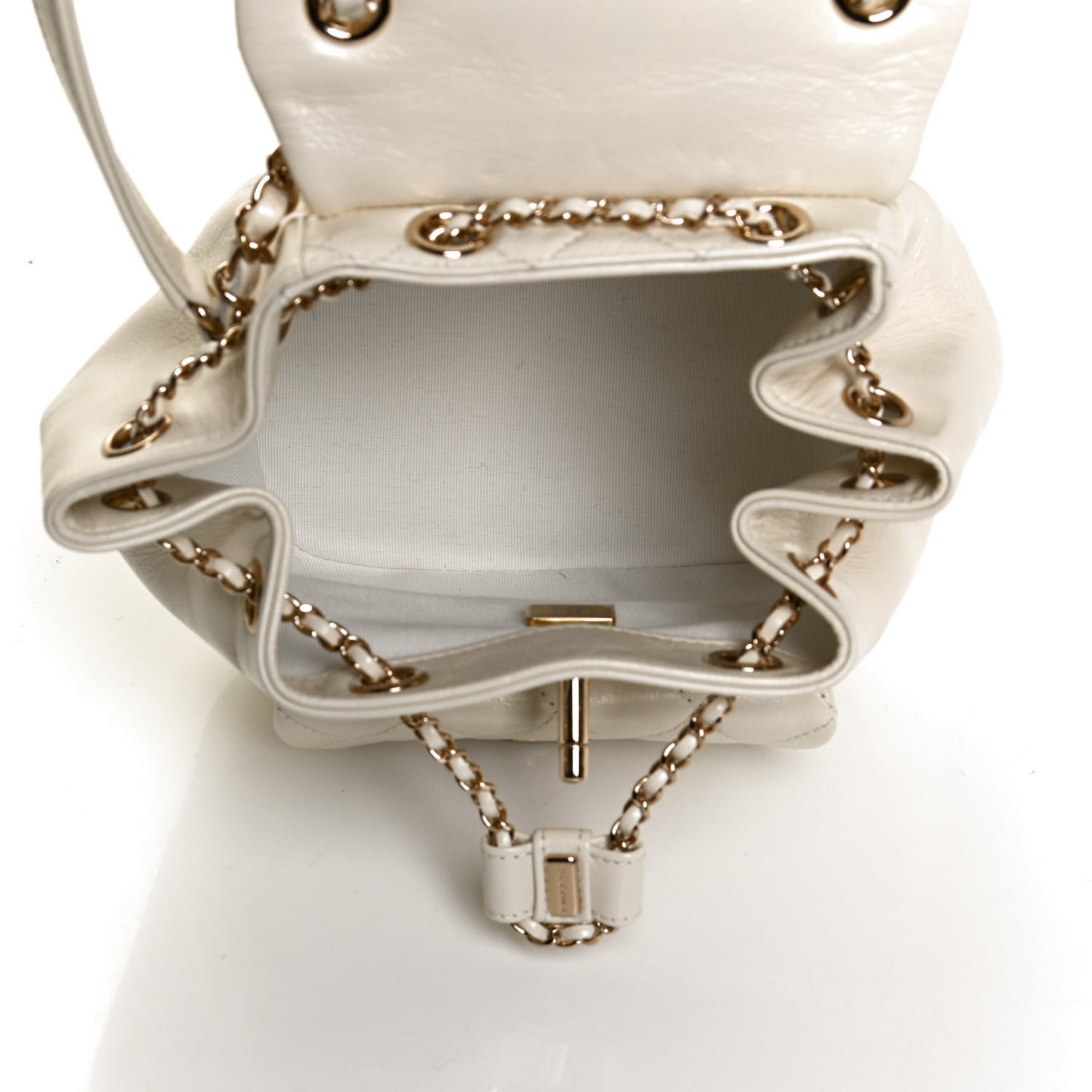 Glazed Aged Calfskin Quilted Small Duma Drawstring Backpack White