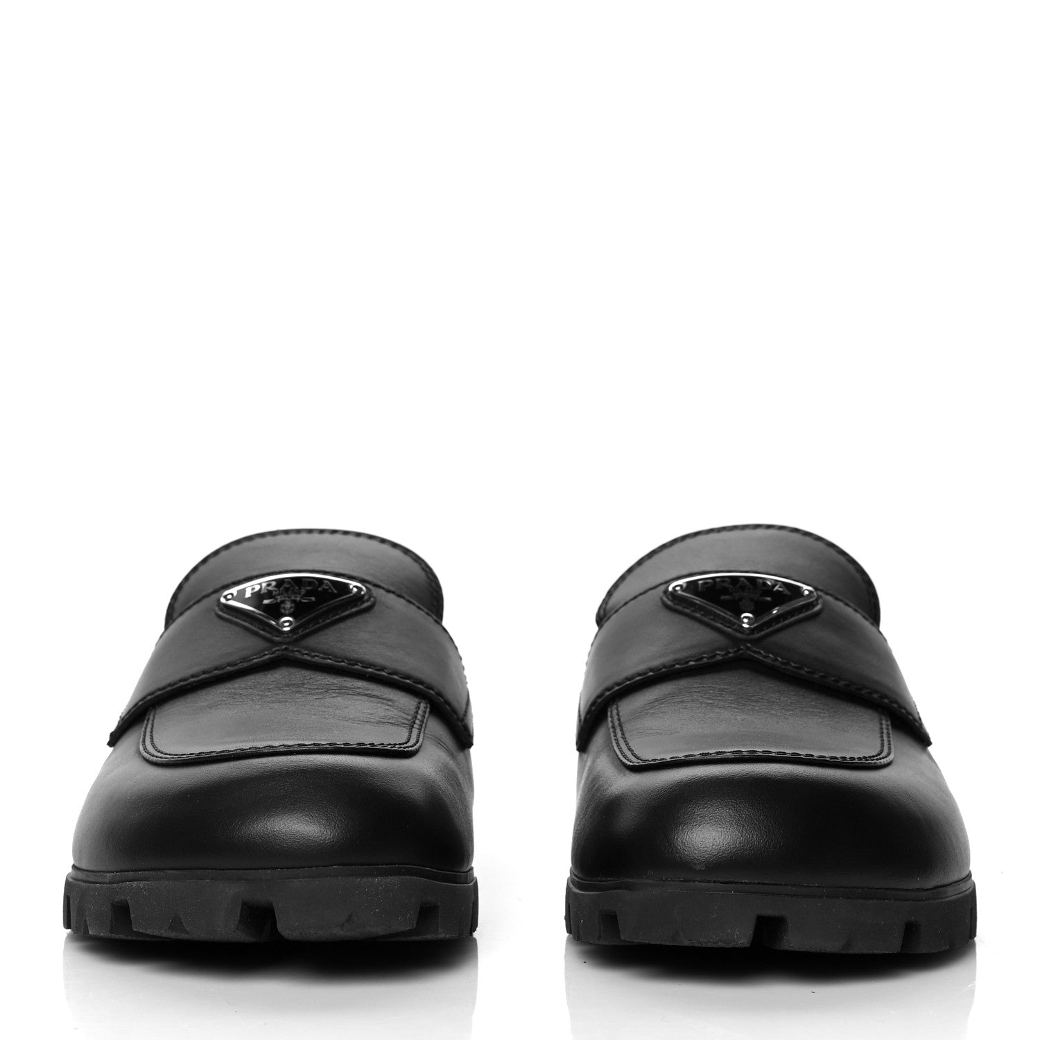 Prada City Calfskin Metal Triangle Logo 20mm Flat Mules 37 Black 2 of 8