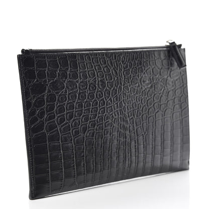 Saint Laurent Calfskin Crocodile Embossed ID Mini Tablet Holder Black 3 of 9