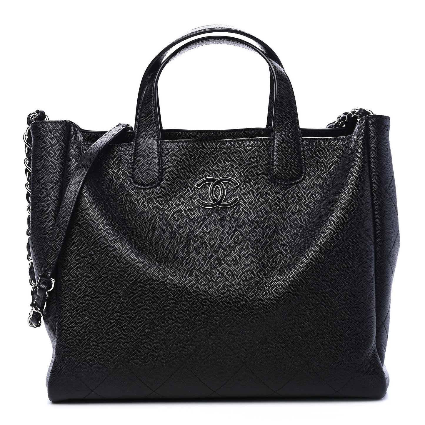 Caviar Stitched Medium Lady Coco Shopping Tote Black