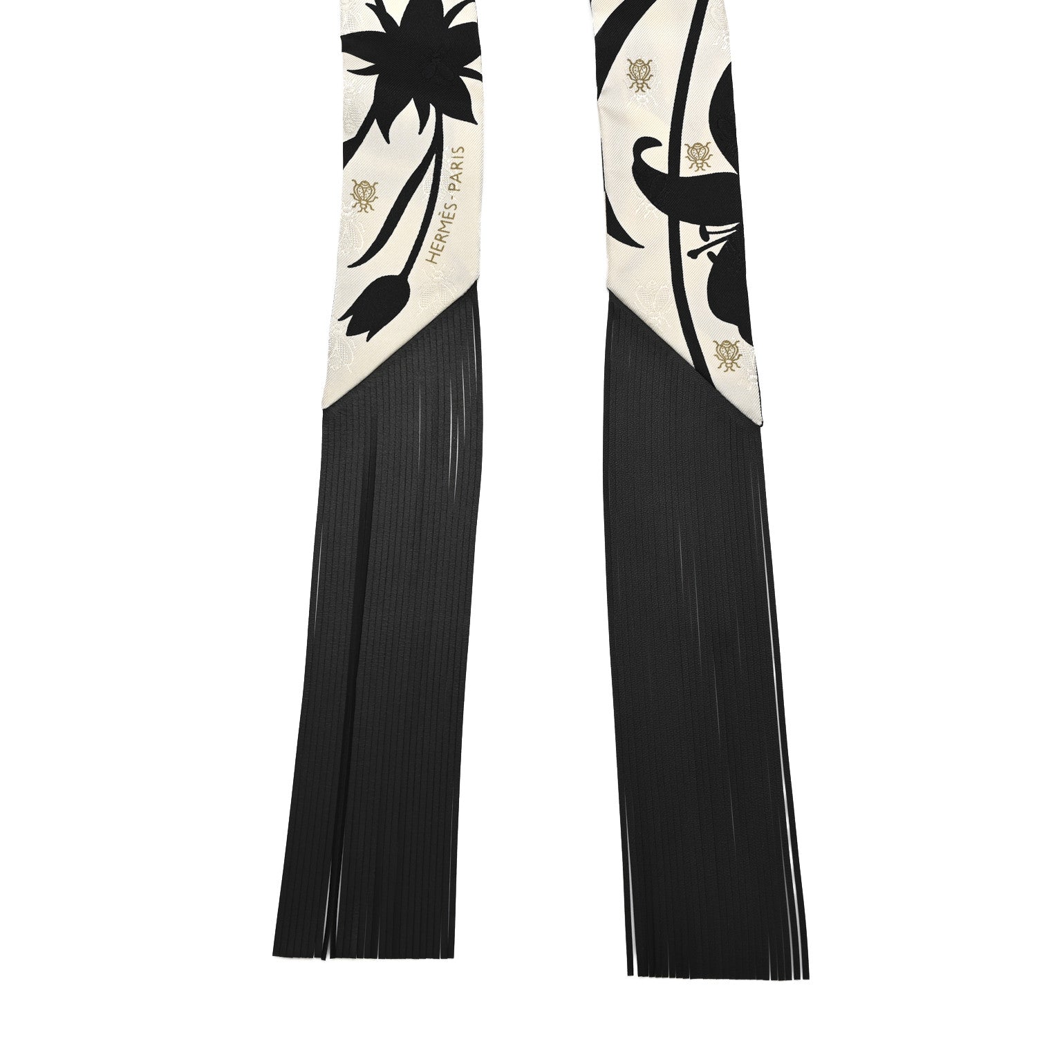 Hermes Silk Calfskin Bouquet Final Fringed Twilly Creme Black 2 of 4