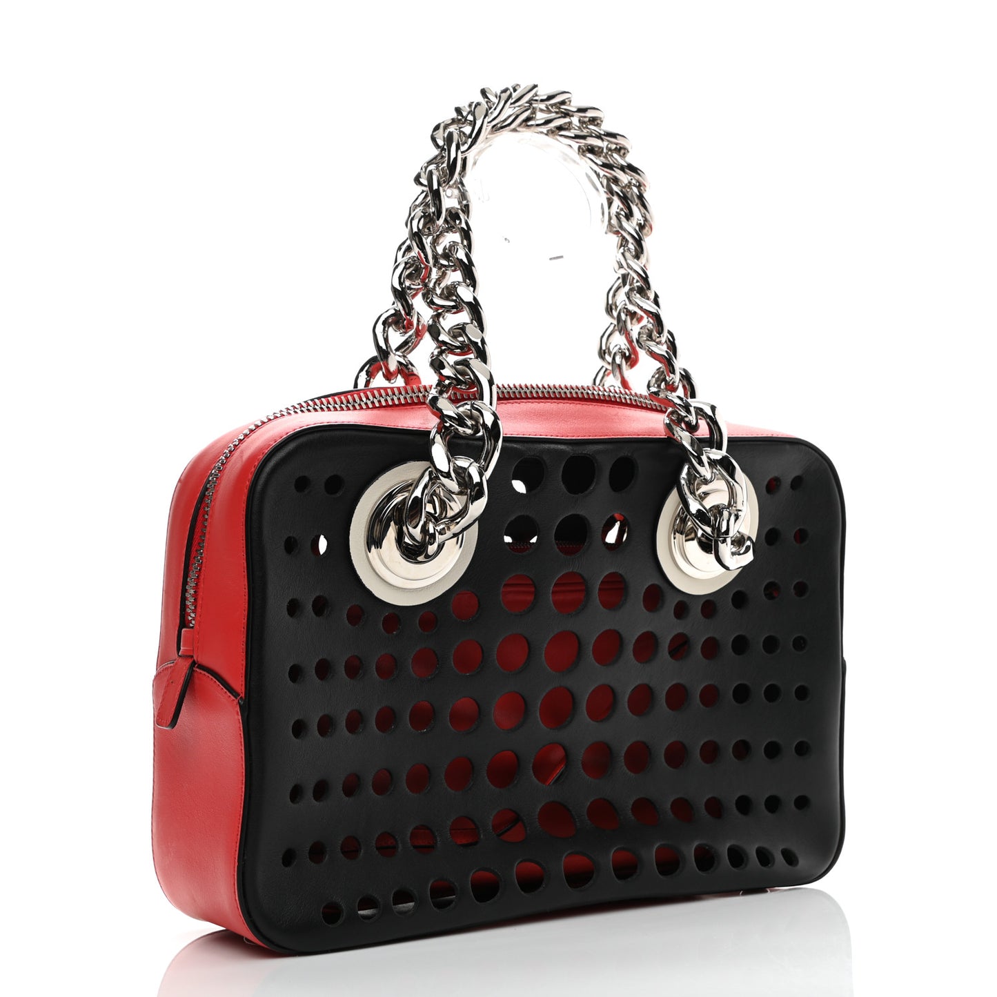 City Calfskin Perforated Chain Shoulder Bag Black Lacca