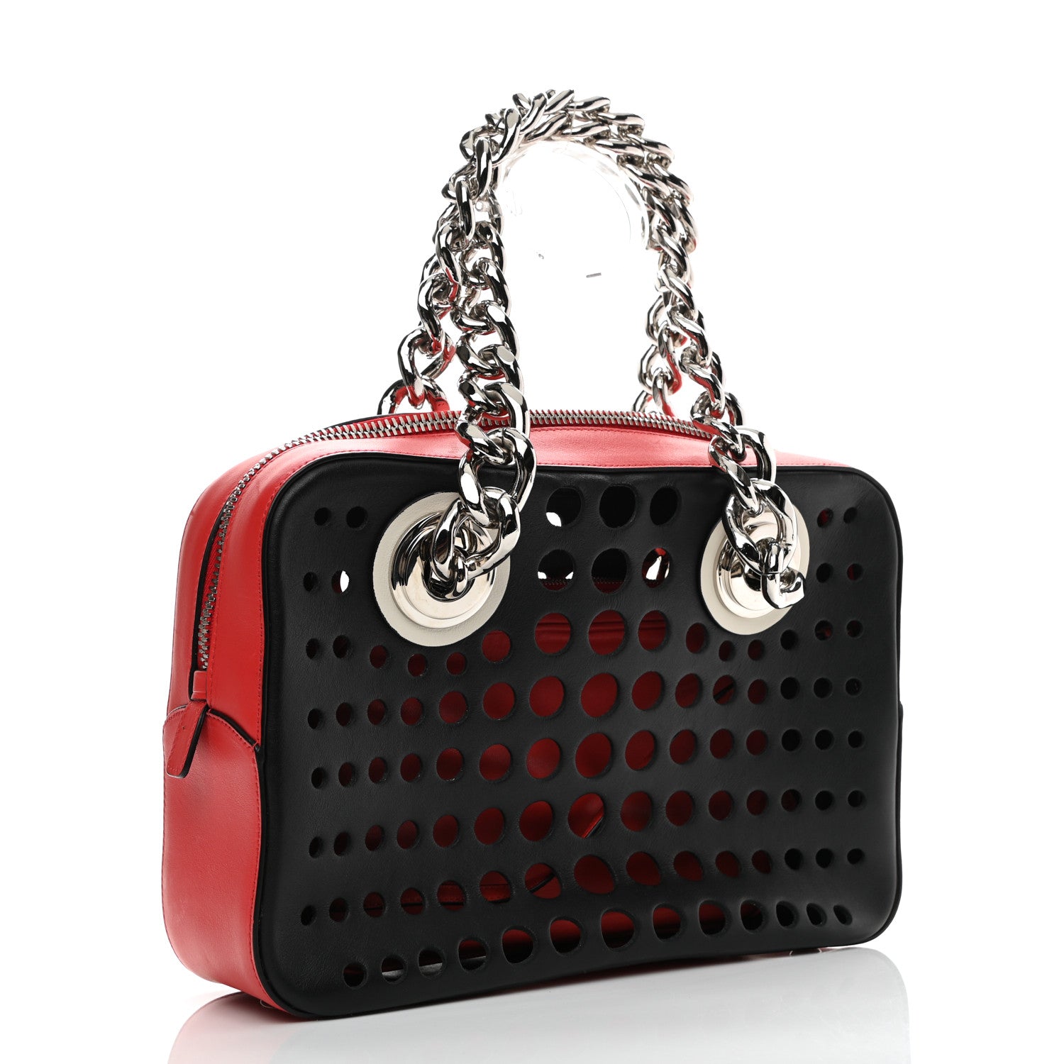 Prada City Calfskin Perforated Chain Shoulder Bag Black Lacca 4 of 13