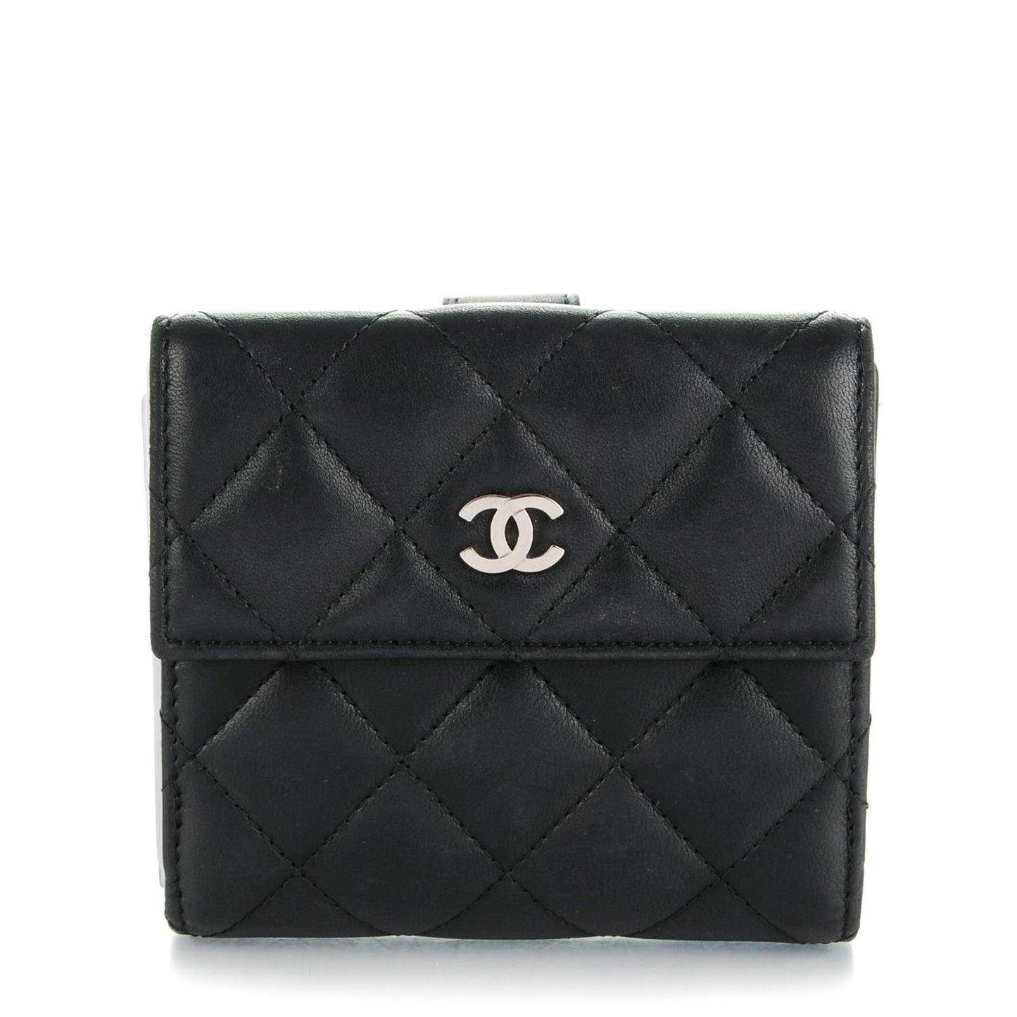 Lambskin Quilted Compact French Flap Wallet Black