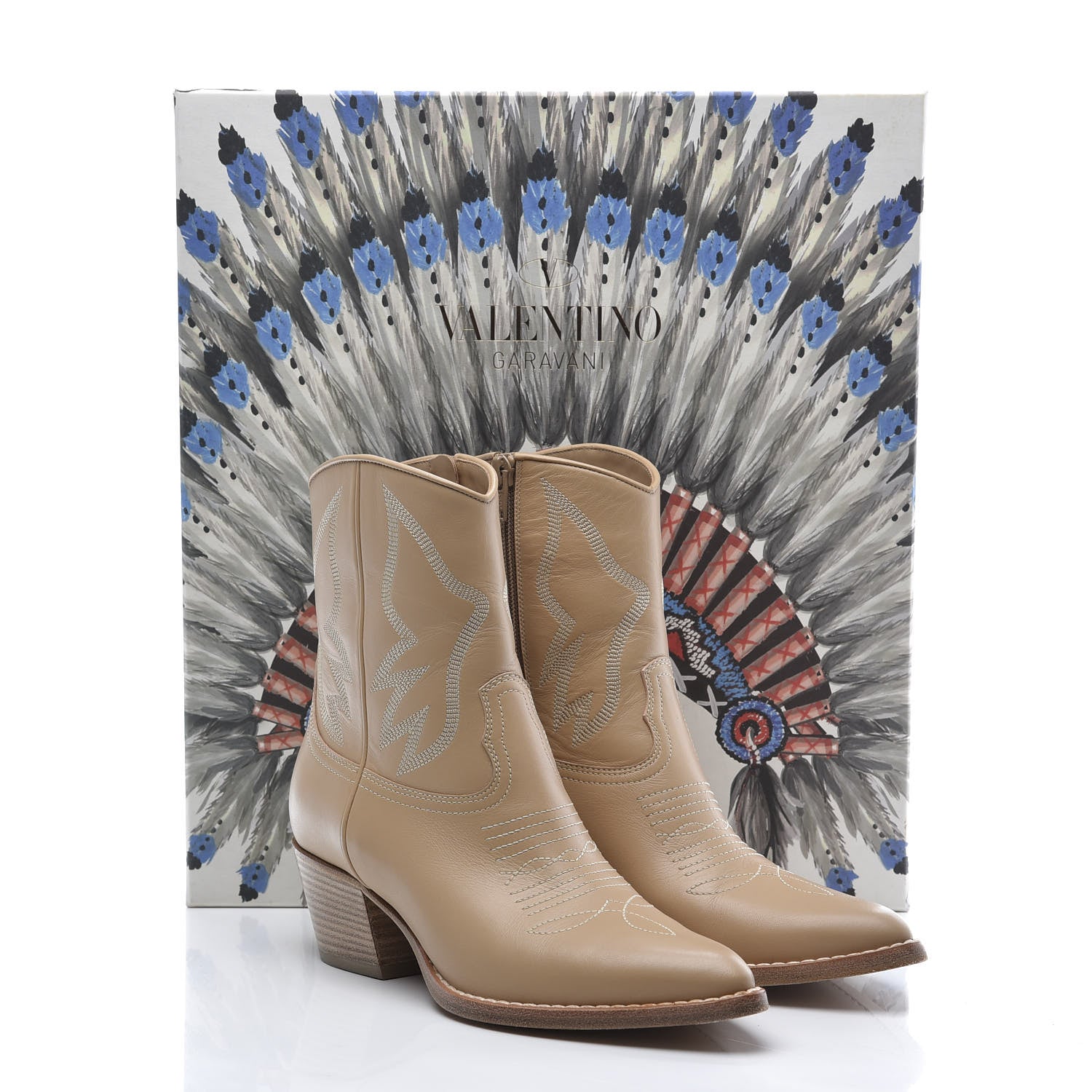 Valentino Garavani Calfskin Embroidered Texan 50mm Cowboy Ankle Boots 37 Naturale 10 of 10