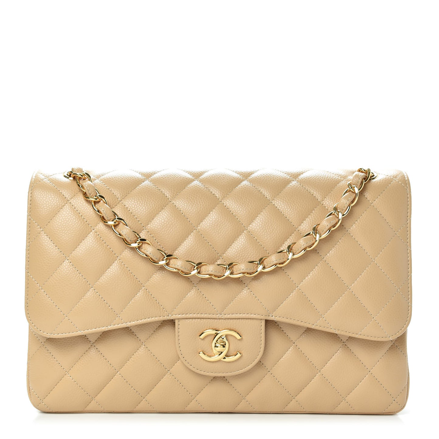 Caviar Quilted Jumbo Double Flap Beige Clair