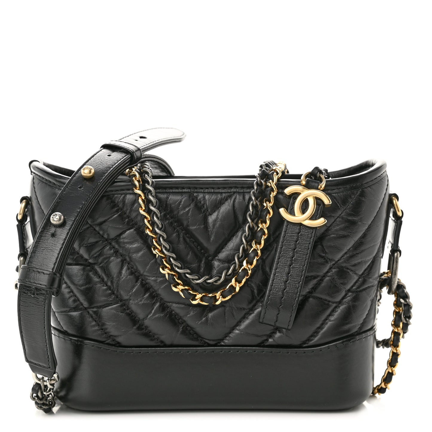 Aged Calfskin Chevron Quilted Small Gabrielle Hobo Black