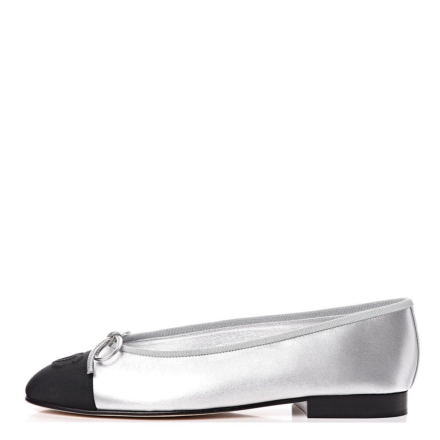 Chanel Laminated Lambskin Grosgrain Cap Toe CC Ballerina Flats 36 Silver Black 1 of 16