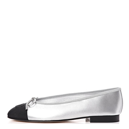 Chanel Laminated Lambskin Grosgrain Cap Toe CC Ballerina Flats 36 Silver Black 1 of 16