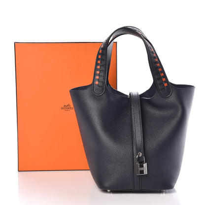 Hermes Epsom Tressage De Cuir Picotin Lock 18 PM Bleu Indigo Black Terre Battue 9 of 9