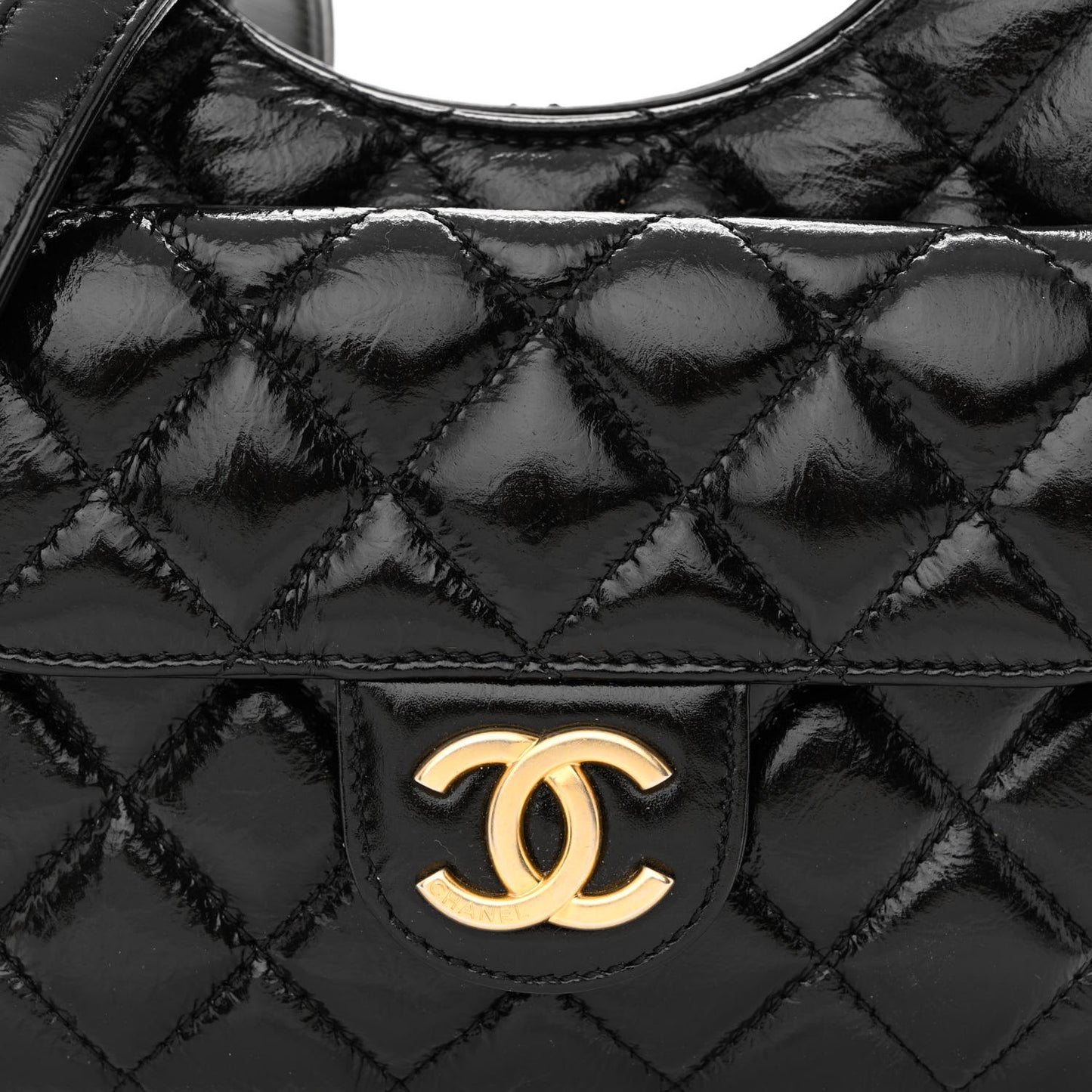 Shiny Crumpled Calfskin Quilted Small Wavy CC Hobo Black