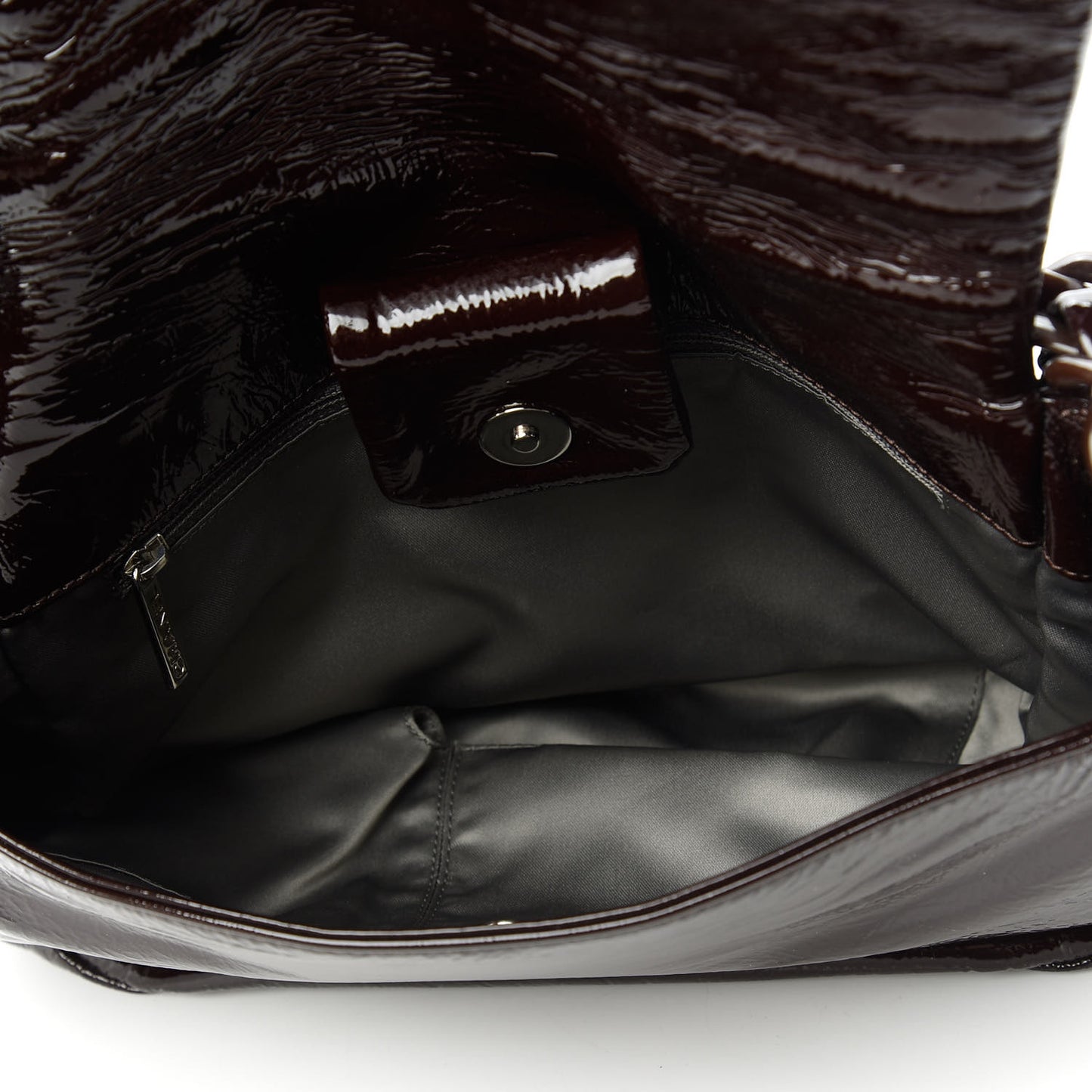 Crinkled Patent Modern Chain Flap Dark Brown