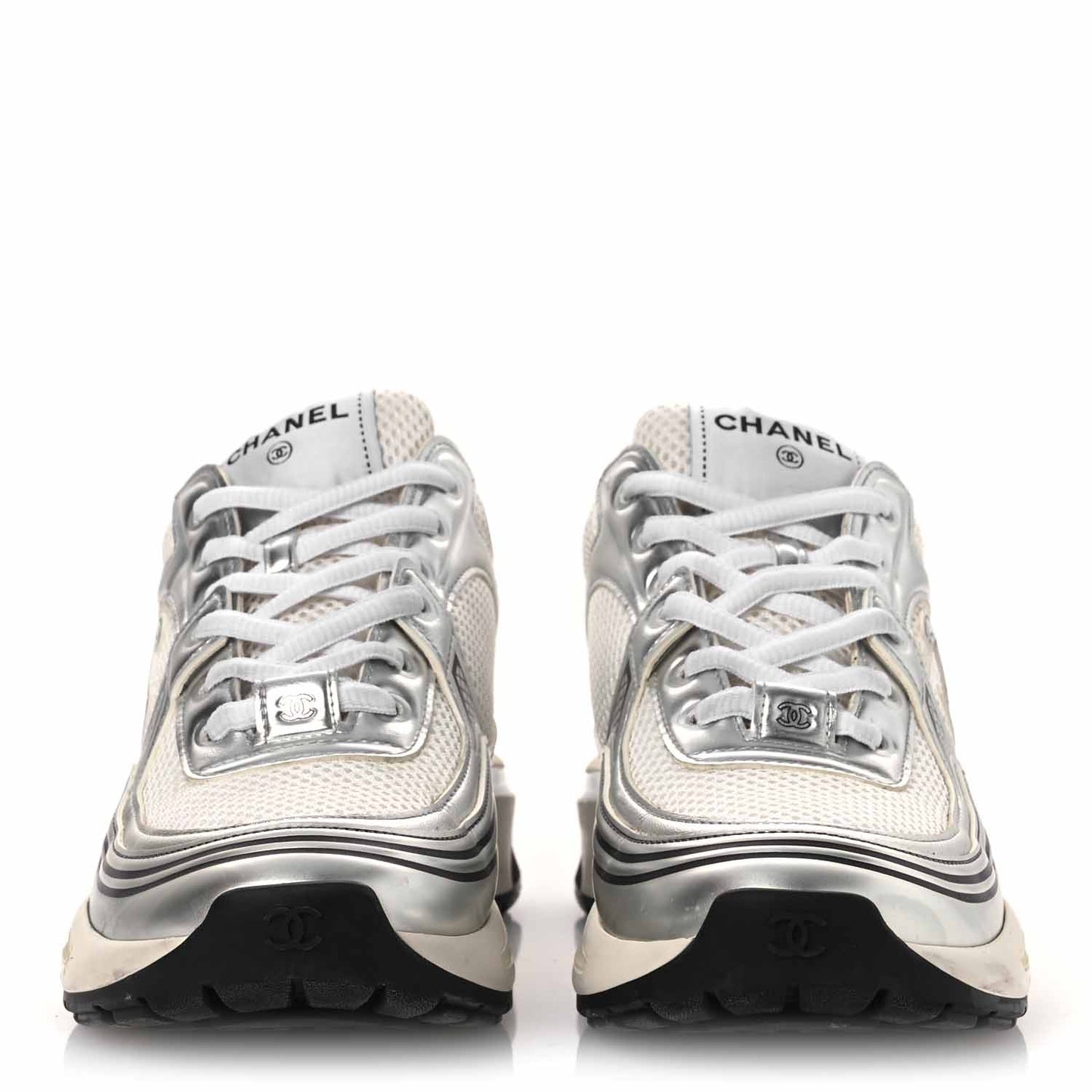 Fabric Laminated Calfskin Stretch CC Sneakers 38 White Silver