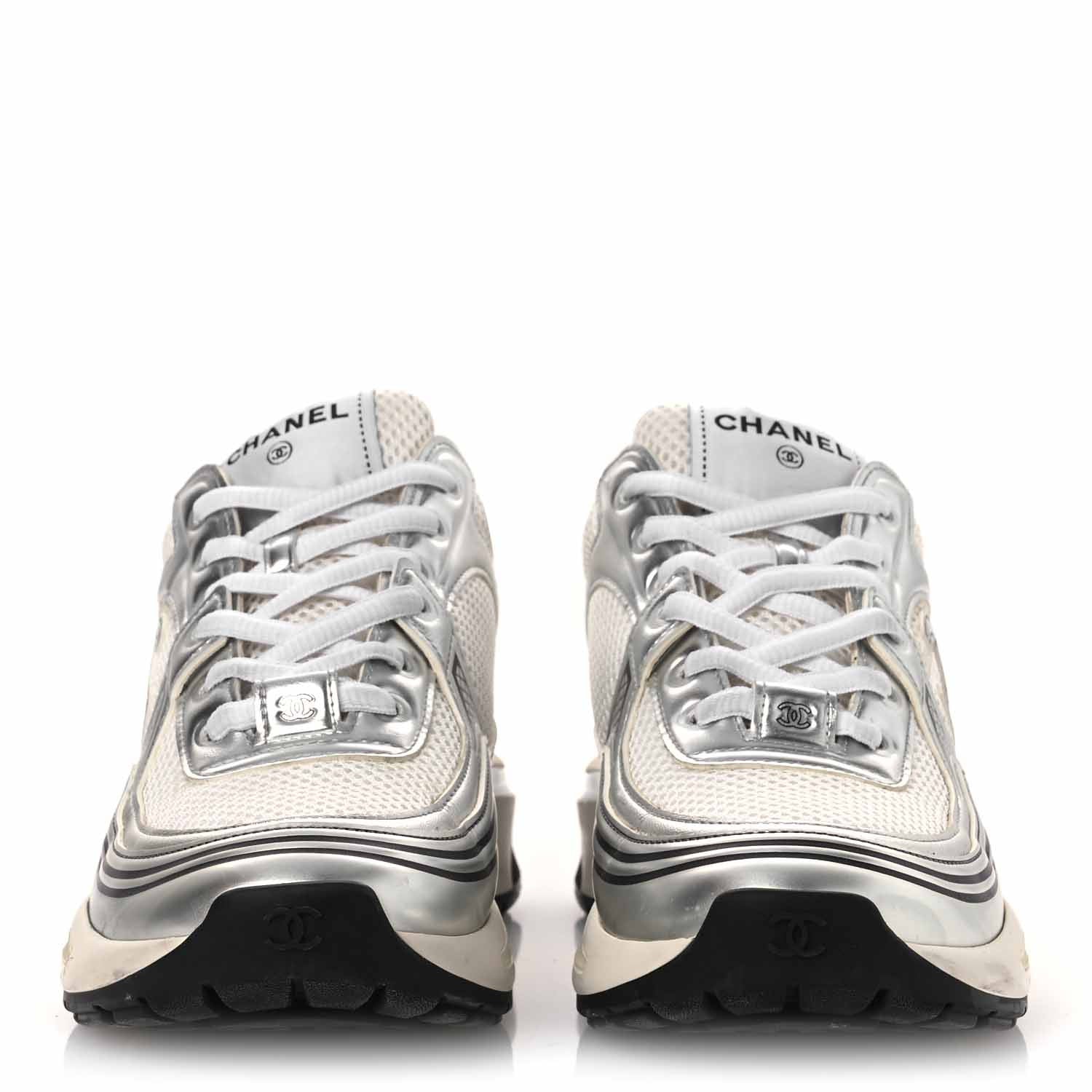 Chanel Fabric Laminated Calfskin Stretch CC Sneakers 38 White Silver 3 of 13
