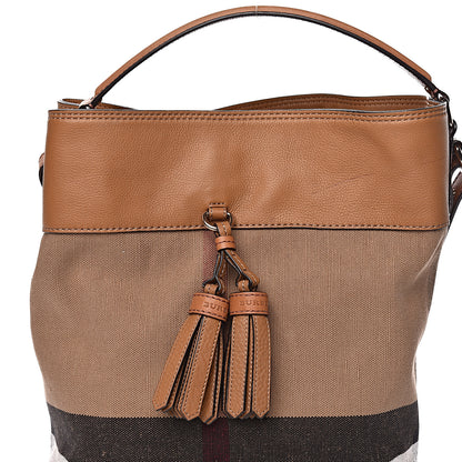 Burberry Grainy Calfskin Canvas Mega Check Medium Ashby Tassel Hobo Saddle Brown 12 of 12