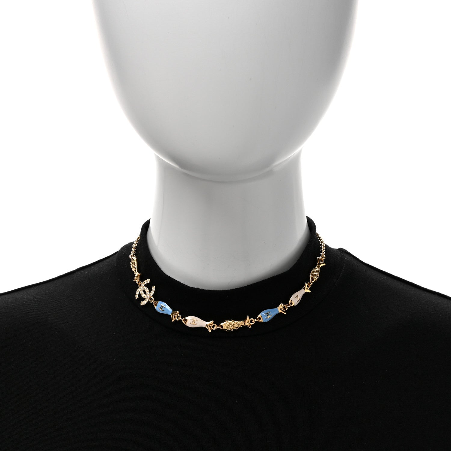 Chanel Metal Crystal Enamel CC By the Sea Fish Choker Gold Blue 2 of 5