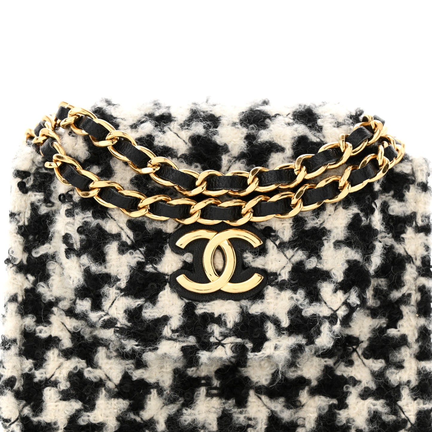 Tweed Houndstooth Quilted Mini Accordion Clutch With Chain White Black