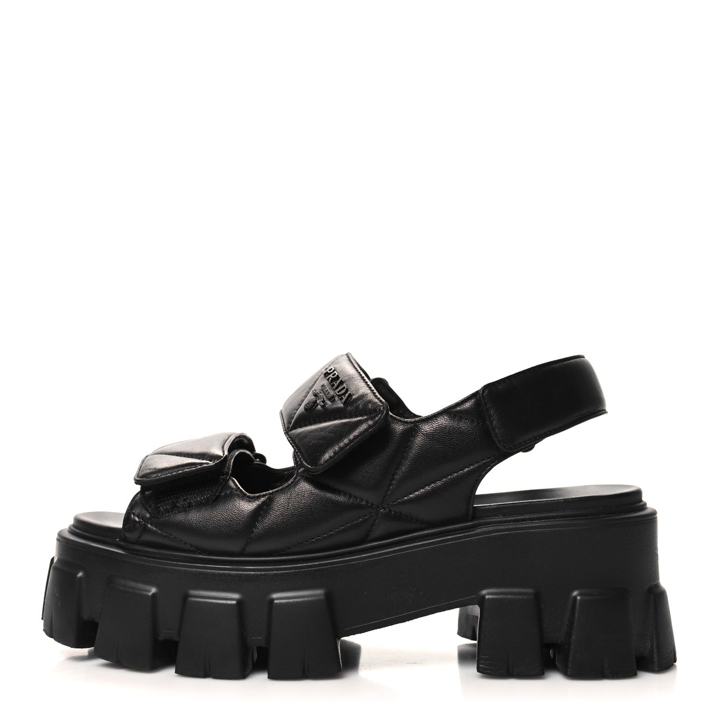 Nappa Soft Metal Triangle Logo Padded Monolith 55mm Slingback Sandals 36 Black