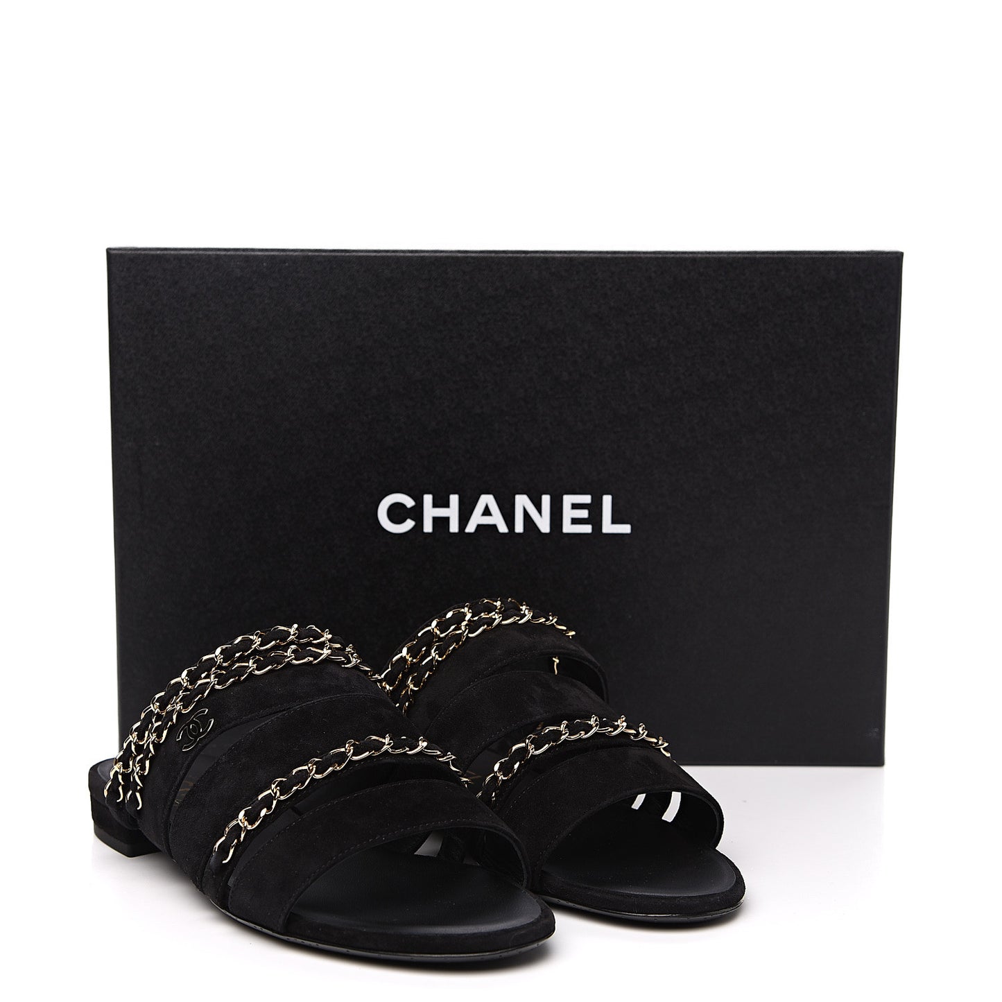 Kid Suede Chain CC Slide Flat Sandals 37 Black