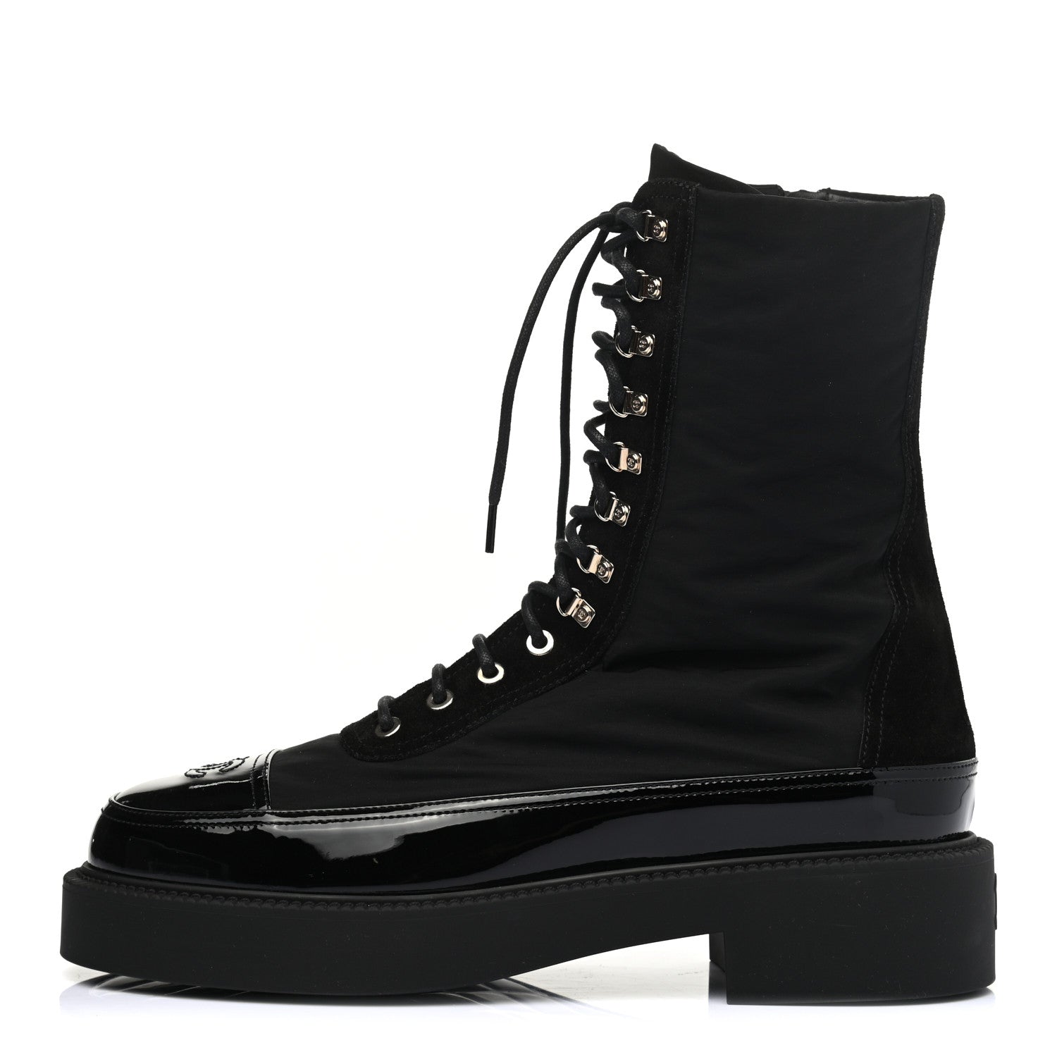 Chanel Nylon Suede Patent Calfskin Mens CC Lace Up Boots 42 Black 1 of 7