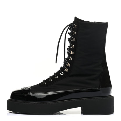 Chanel Nylon Suede Patent Calfskin Mens CC Lace Up Boots 42 Black 1 of 7