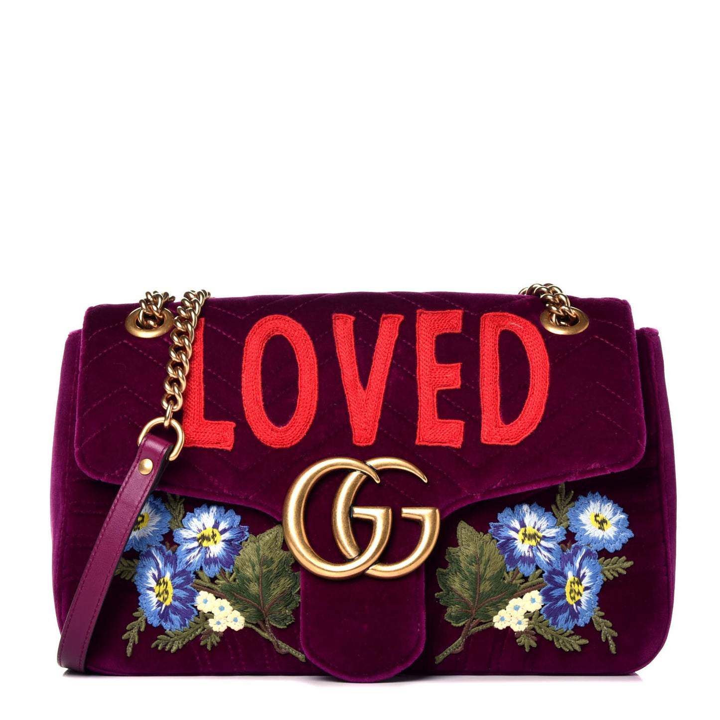 Velvet Matelasse Loved Embroidered Medium GG Marmont Shoulder Bag Fuchsia Violet Cyclamen